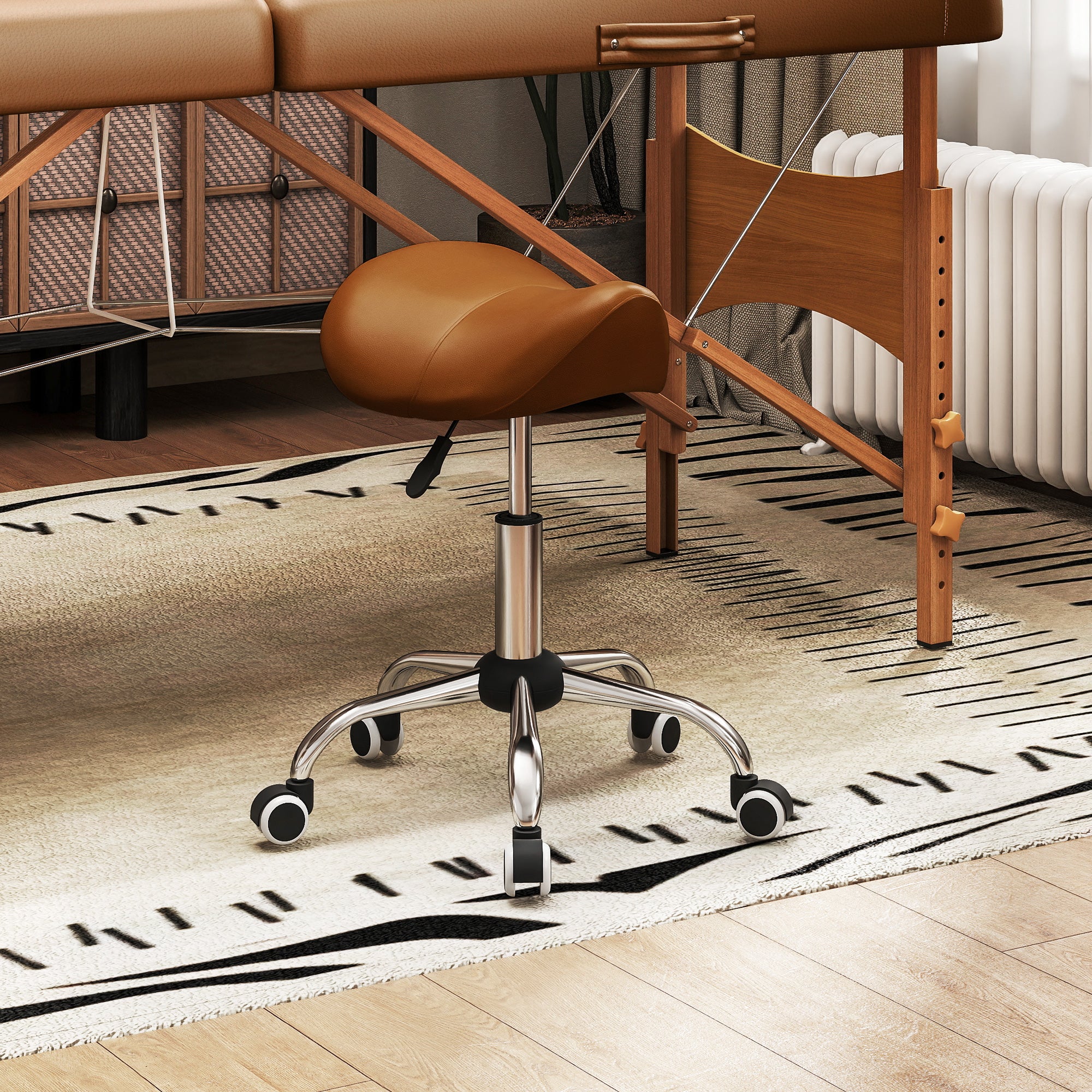 Cosmetic Stool 360° Rotate Height Adjustable Salon Massage Spa Chair Hydraulic Rolling Faux Leather Saddle Stool, Brown