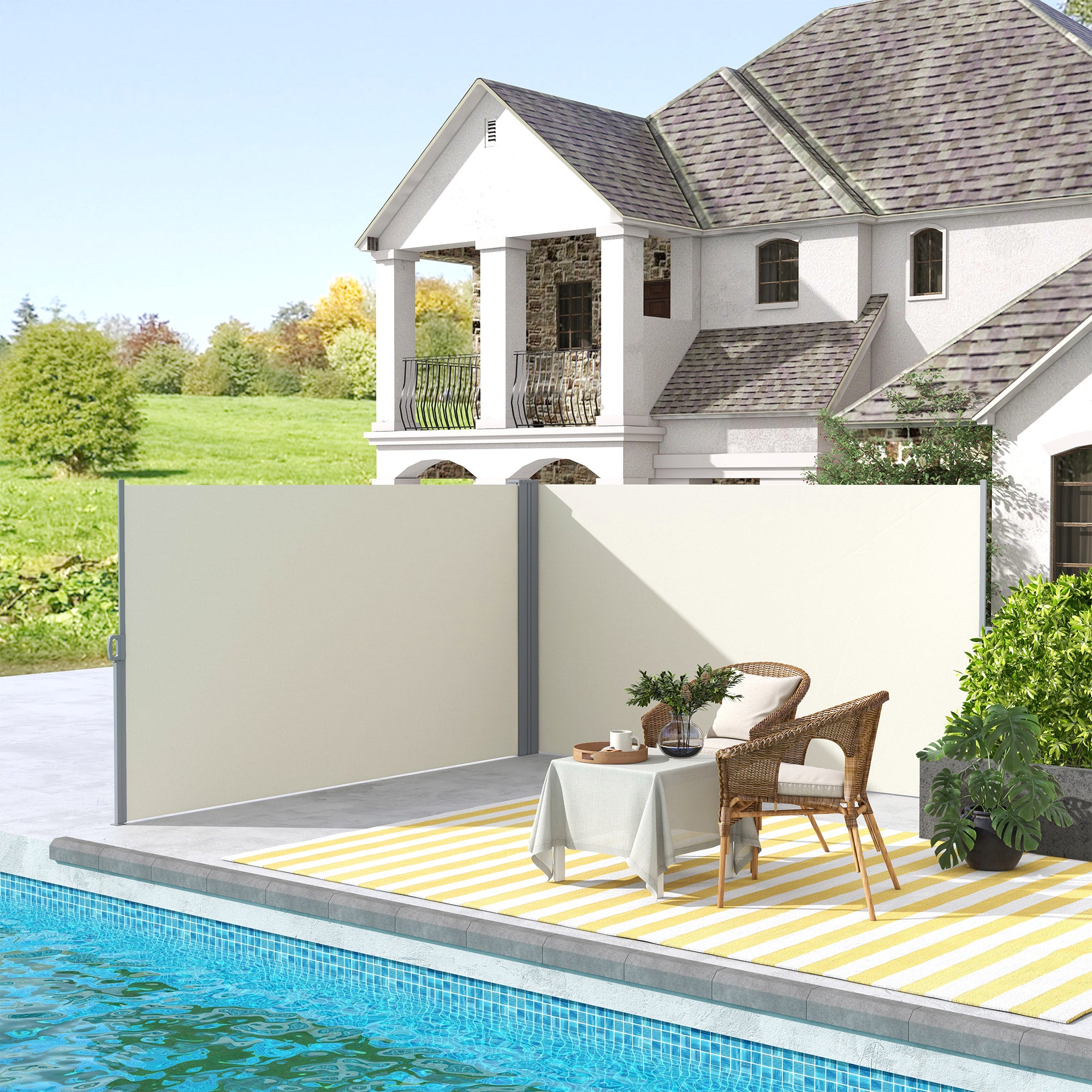 236" x 63" Outdoor Privacy Wall, Double Retractable Side Awning, Patio Screen for Garden, Balcony, Backyard, Cream White