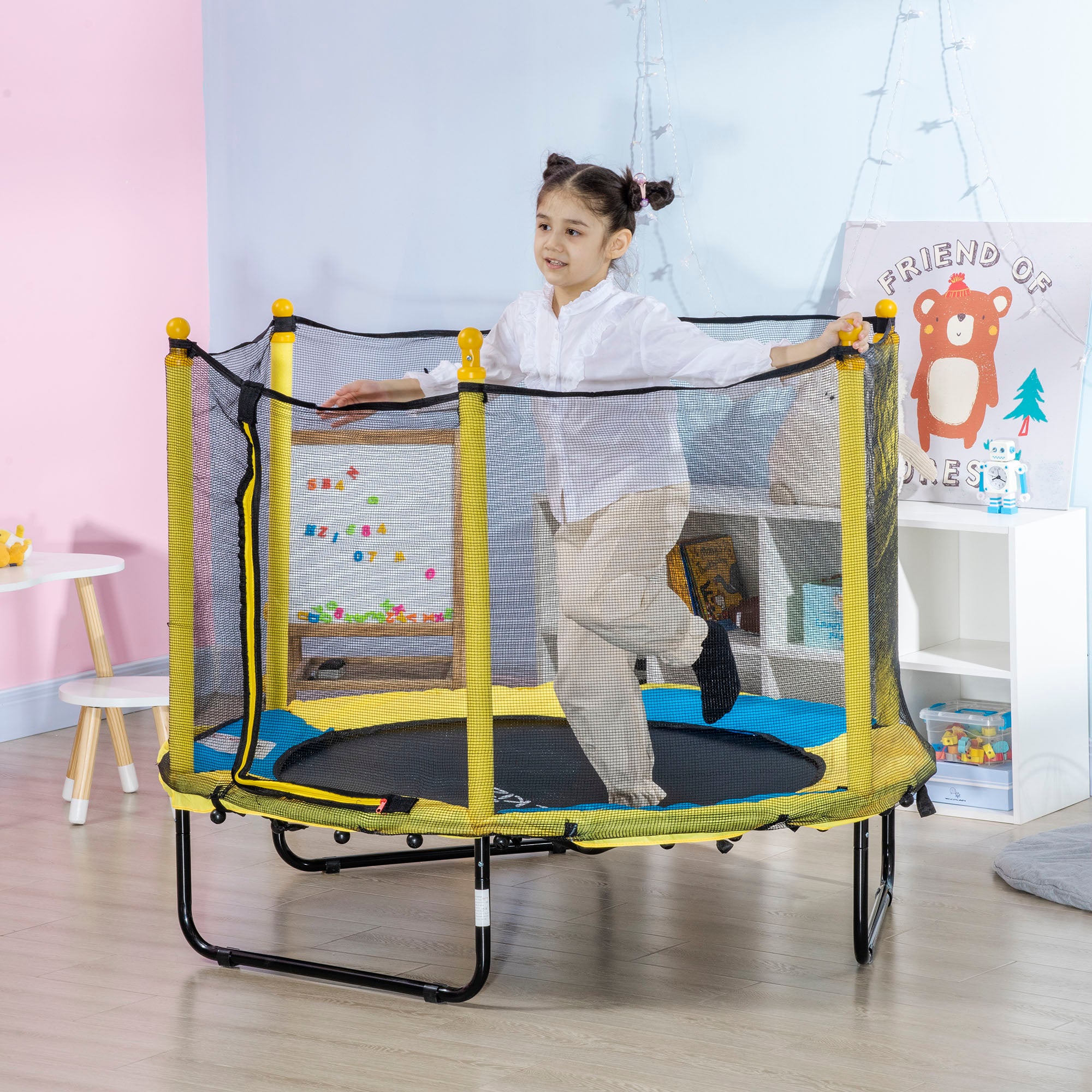 Qaba 4.6FT Trampoline for Kids with Enclosure Net for Ages 3-10, Indoor Outdoor Use, Yellow