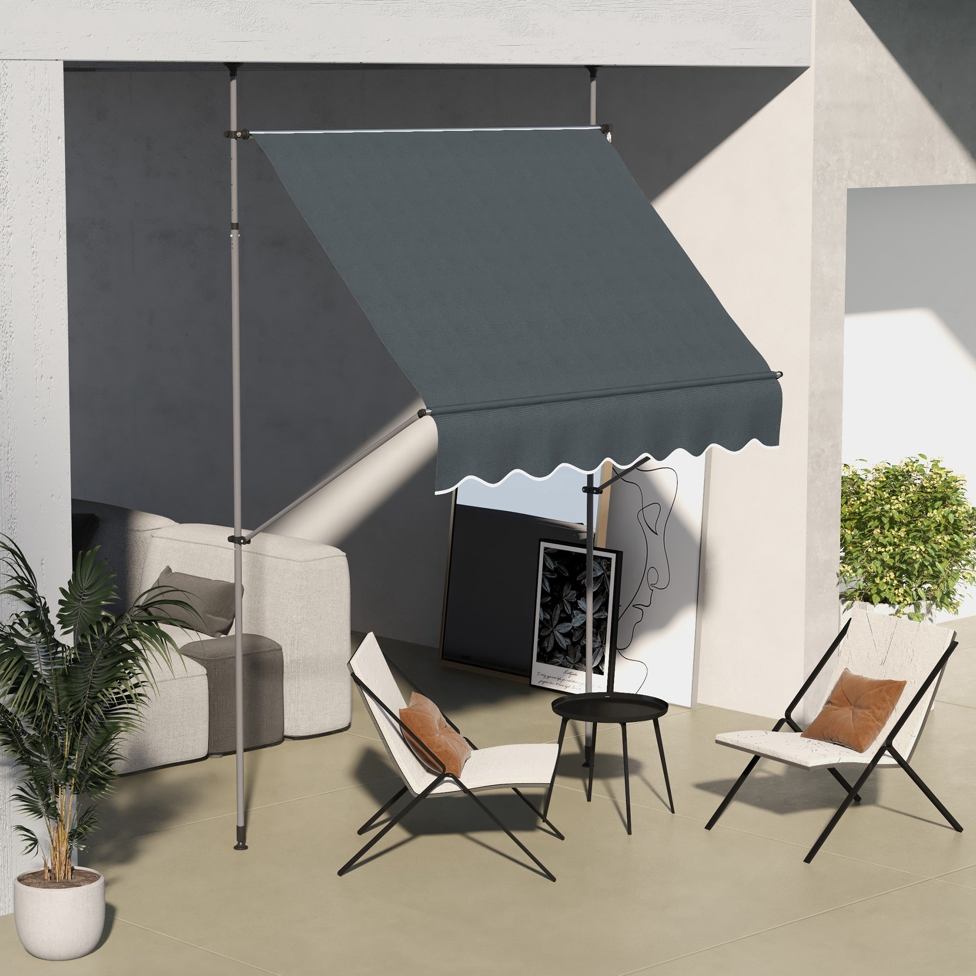 6.5' x 4' Manual Retractable Awning, Non-Screw Freestanding Patio Awning, UV Resistant, for Window or Door, Dark Grey