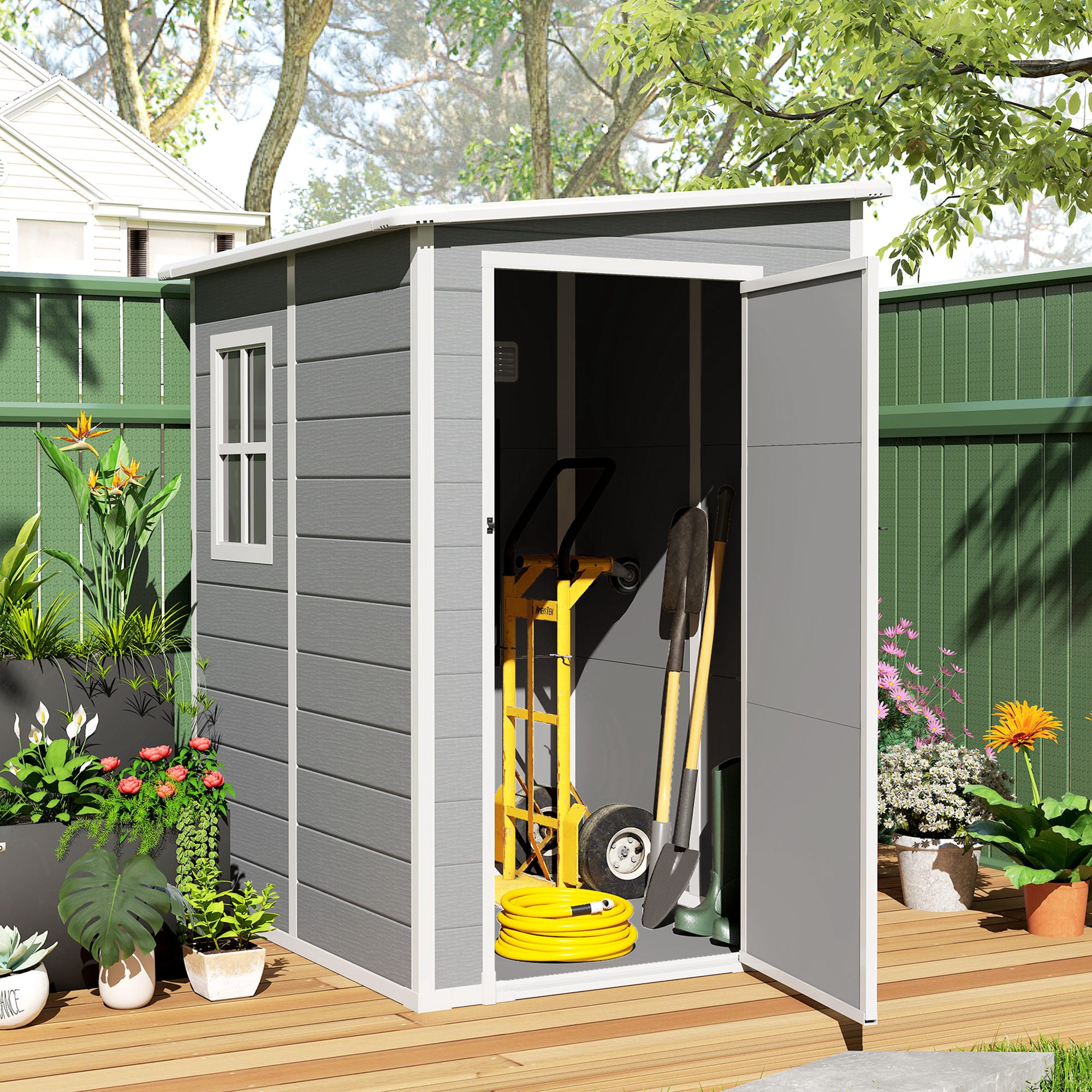 4'x5' Garden Tool Storage Shed, Lean to Shed with Window, Vent and Plastic Roof, Grey