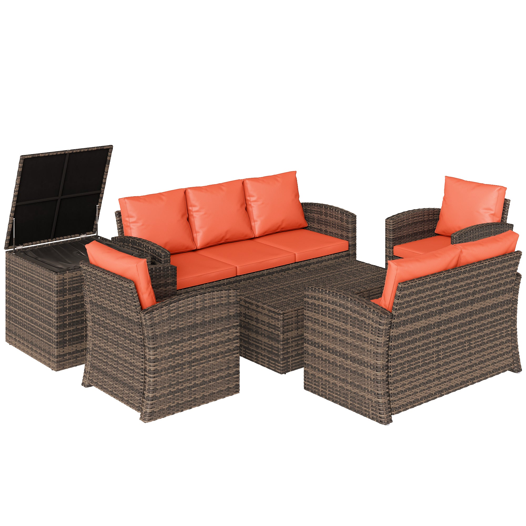 6 Pieces Wicker Patio Furniture Set with Cushions, 7-Seater Rattan Patio Sofa Set with Storage Table, Orange