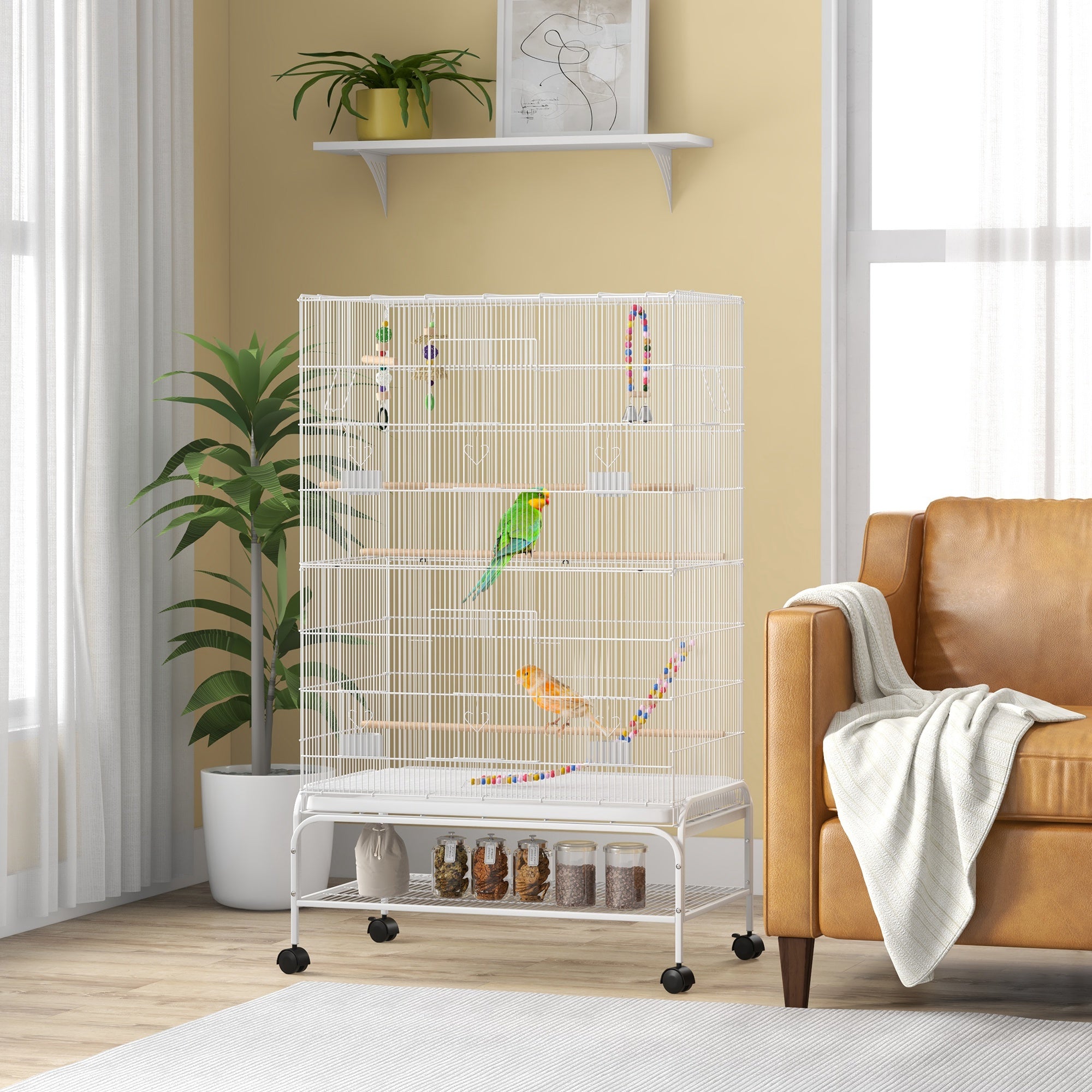 52" Bird Cage with Rolling Stand, Toys, for Budgies Canaries White