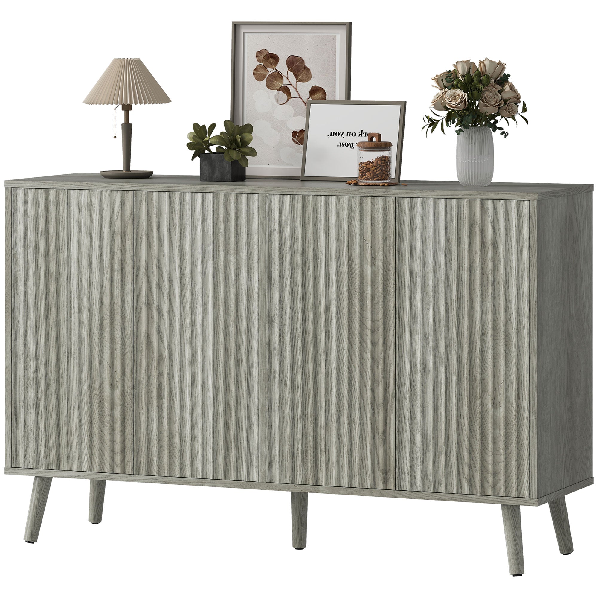 Buffet Cabinet with Storage, Modern Fluted Sideboard with Adjustable Shelves for Dining Room Living Room, Light Grey