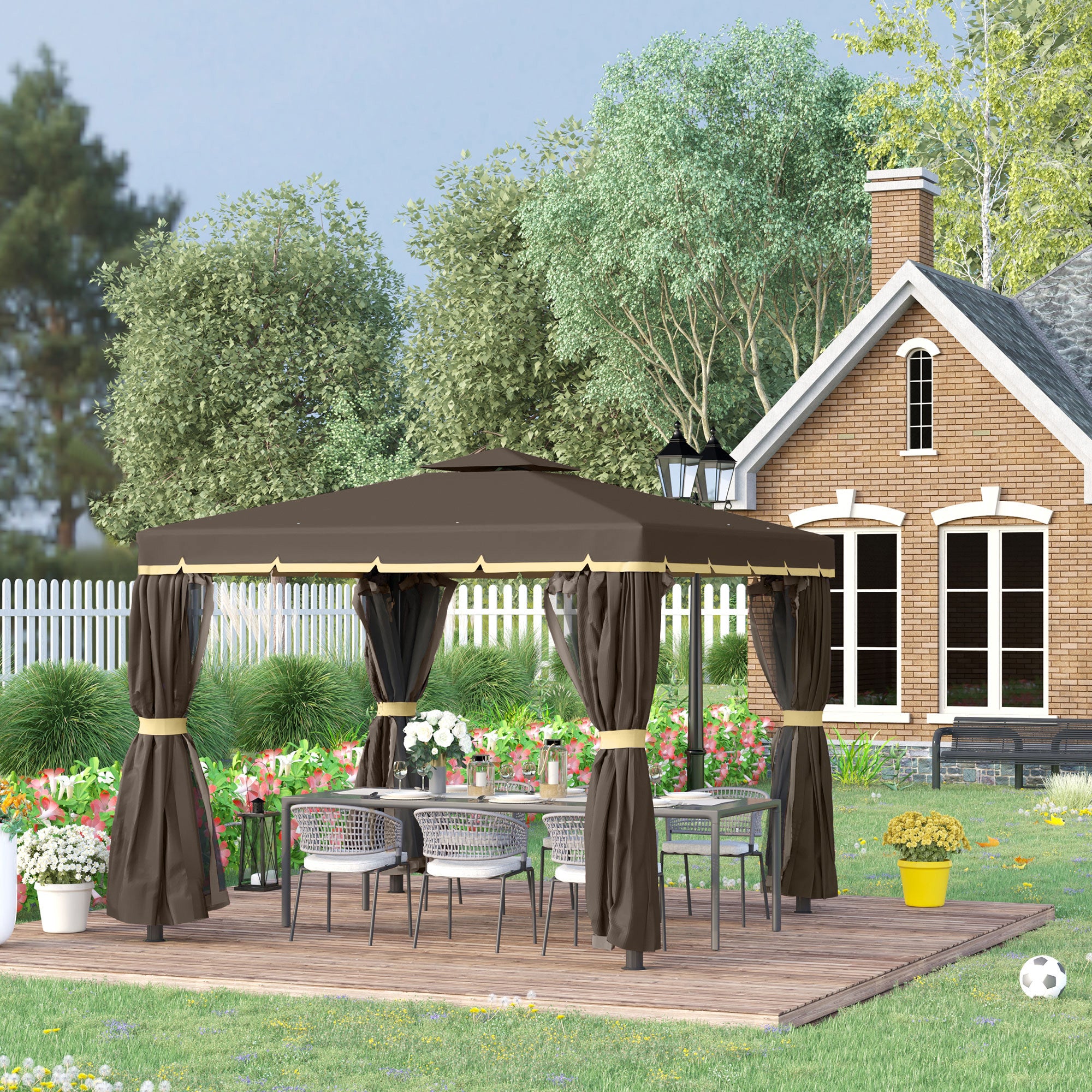 10' x 10' 2-Tier Outdoor Gazebo Canopy Tent with Zippered Mesh Sidewalls, Aluminum Frame for Patio, Backyard, Coffee