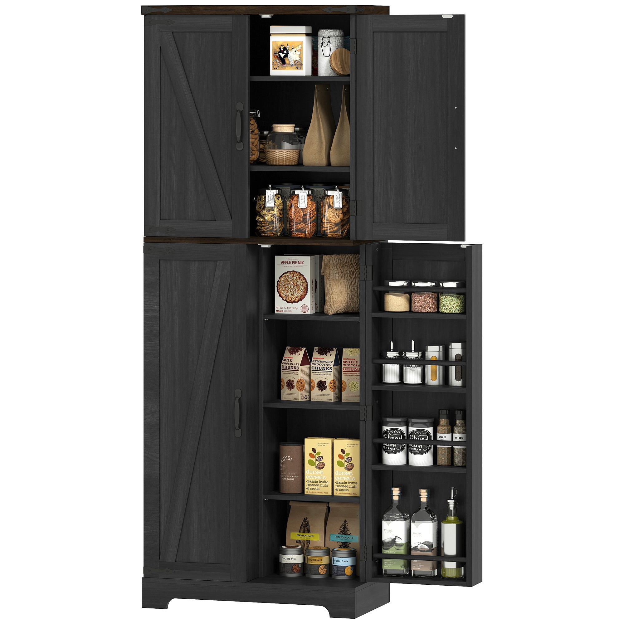 64" Tall Kitchen Pantry Cabinet with Spice Racks and Adjustable Shelves, Black Wood Grain