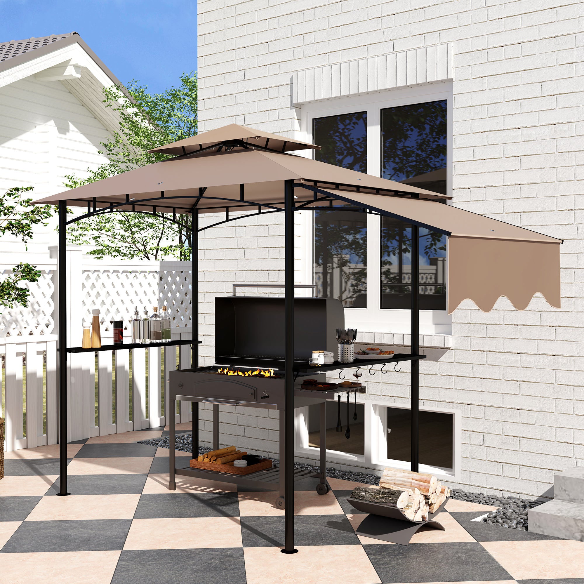 8' x 5' Grill Gazebo, Double Tiered Barbecue Grill Gazebo Shelter with Side Awning, 2 Side Shelves, 6 Hooks, Khaki
