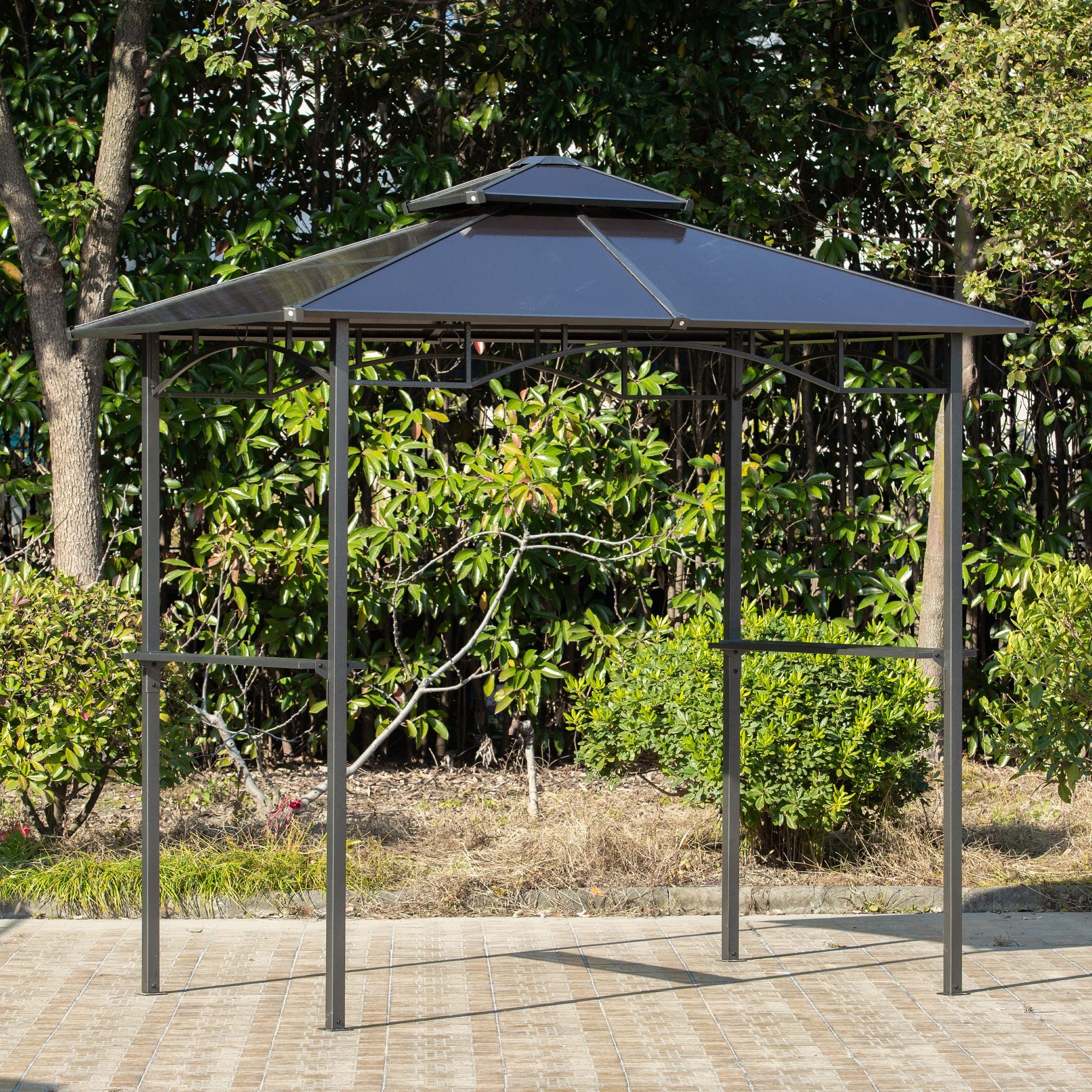 8' x 5' Hardtop Grill Gazebo, Aluminium BBQ Canopy Gazebo, Outdoor Canopy with Side Shelves & Double Roof