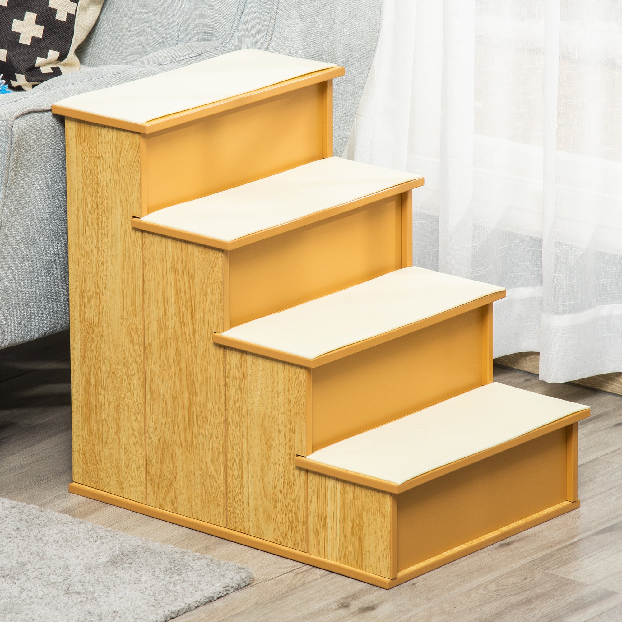 Dog Steps Pet Stairs for Bed Cat Ladder for Couch with Non-Slip Carpet, 15.7" x 23.2" x 21.3", Natural Wood