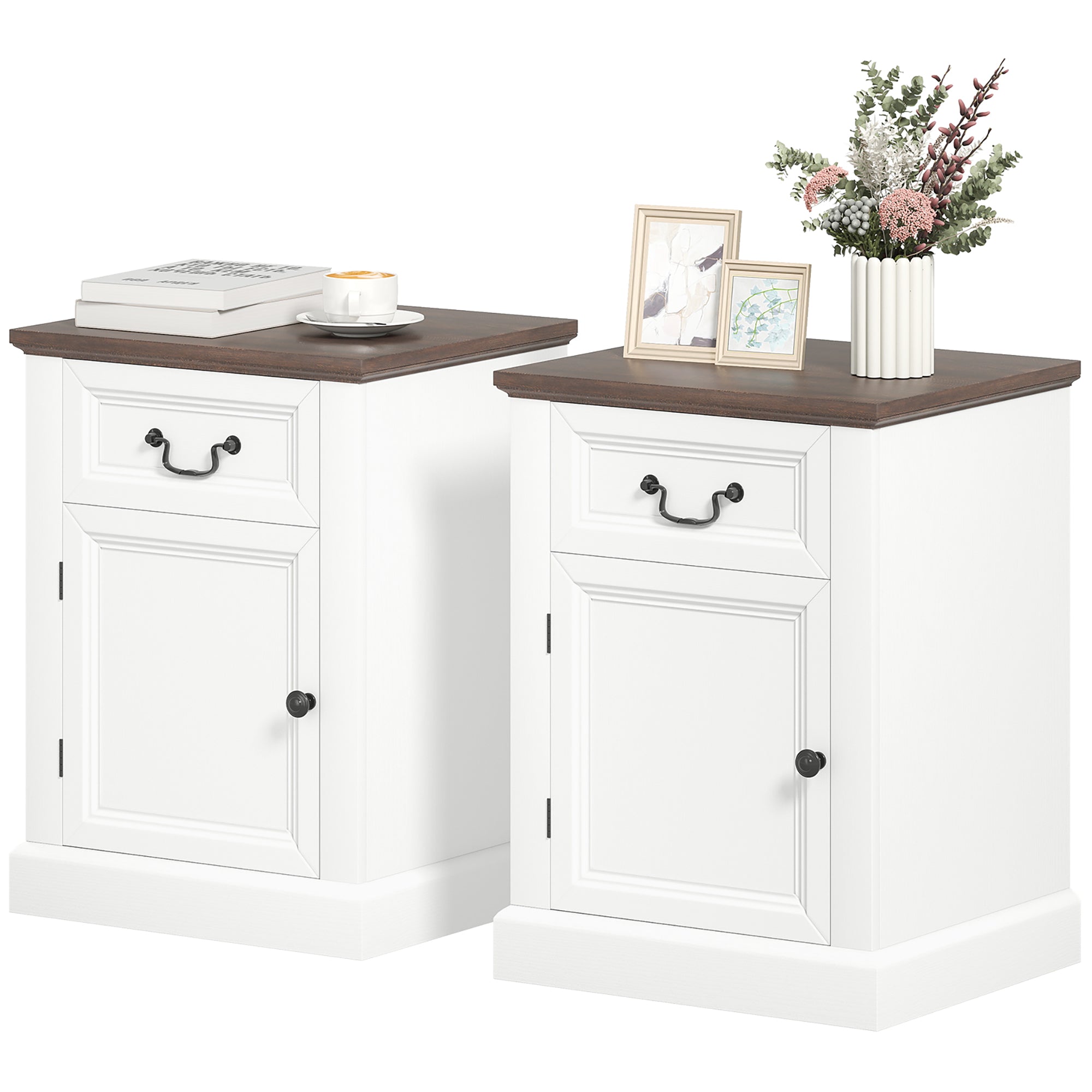 Side Table Set of 2, End Tables with Drawer and Cabinet, Nightstands for Small Spaces, Living Room, White