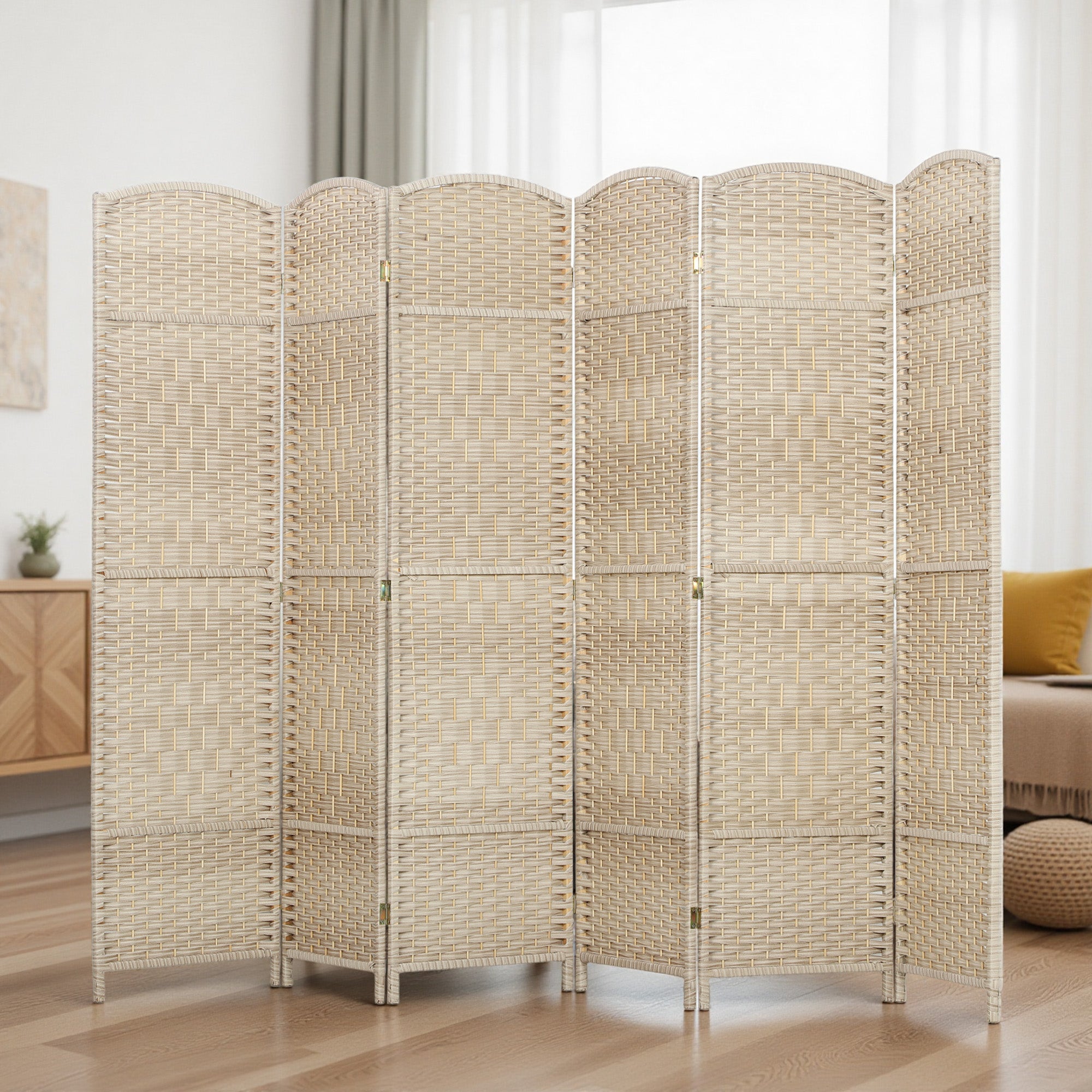 6 Ft Tall Folding Room Divider, 6 Panel Portable Privacy Screen, Hand-Woven Partition Wall Divider, Light Oak