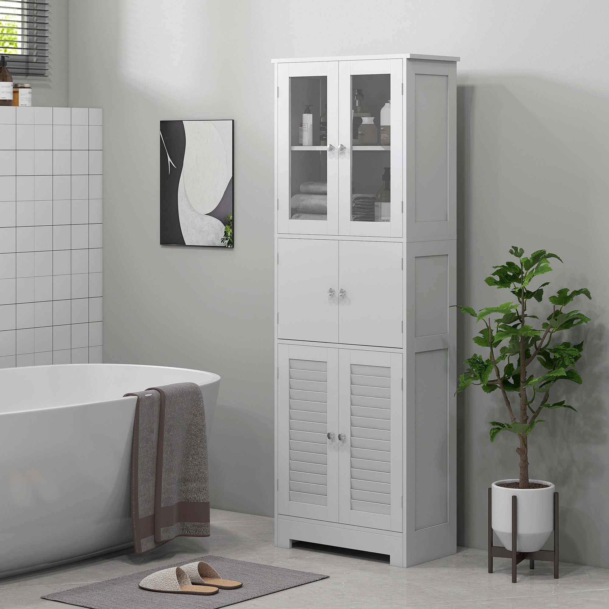 Freestanding Bathroom Cabinet with Glass/Louvred Doors, Tall Bathroom Cabinet for Kitchen, Study, Living Room