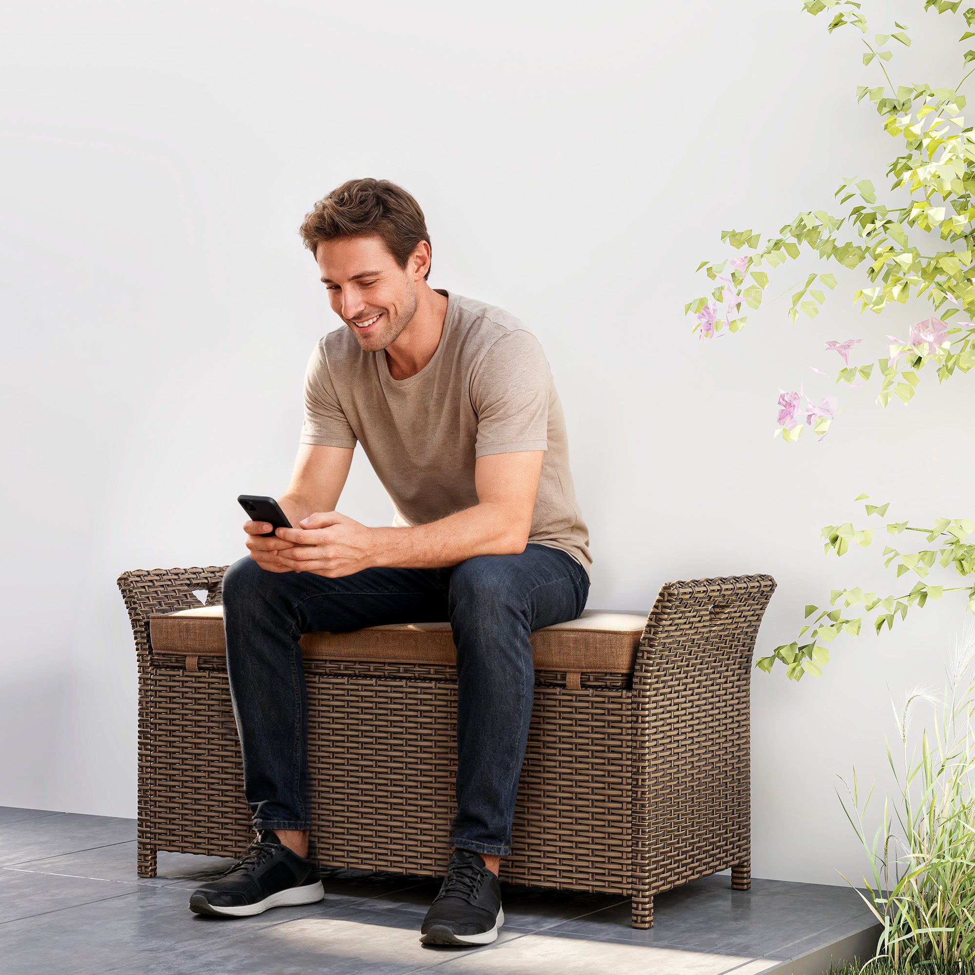 2-In-1 Outdoor Storage Bench, 29 Gallon Wicker Deck Box with Handles and Cushion, Tan