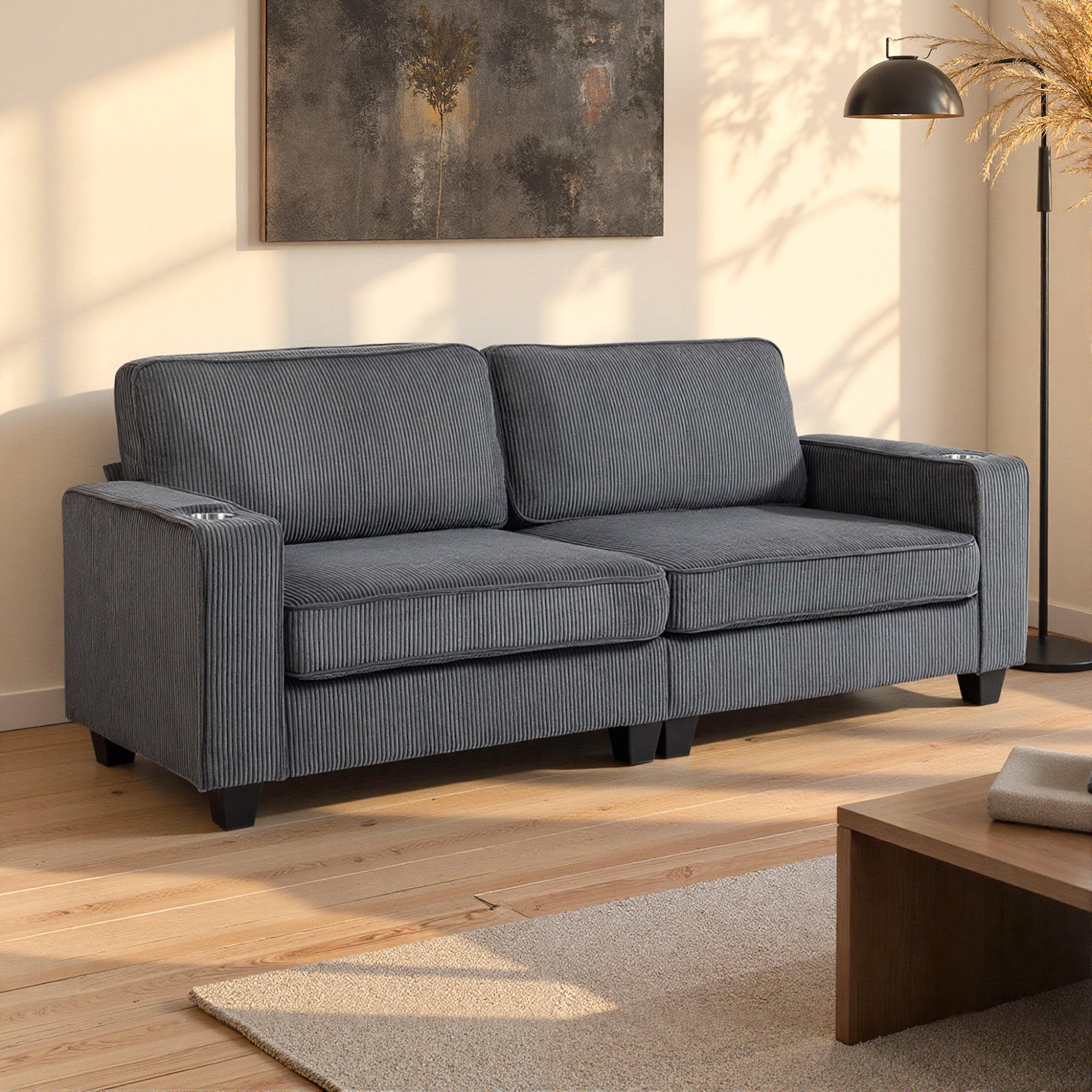 Three Seater Sofa, Fabric 3 Seater Couch with Spring Cushion and Cup Holders for Living Room, Bedroom, Dark Grey