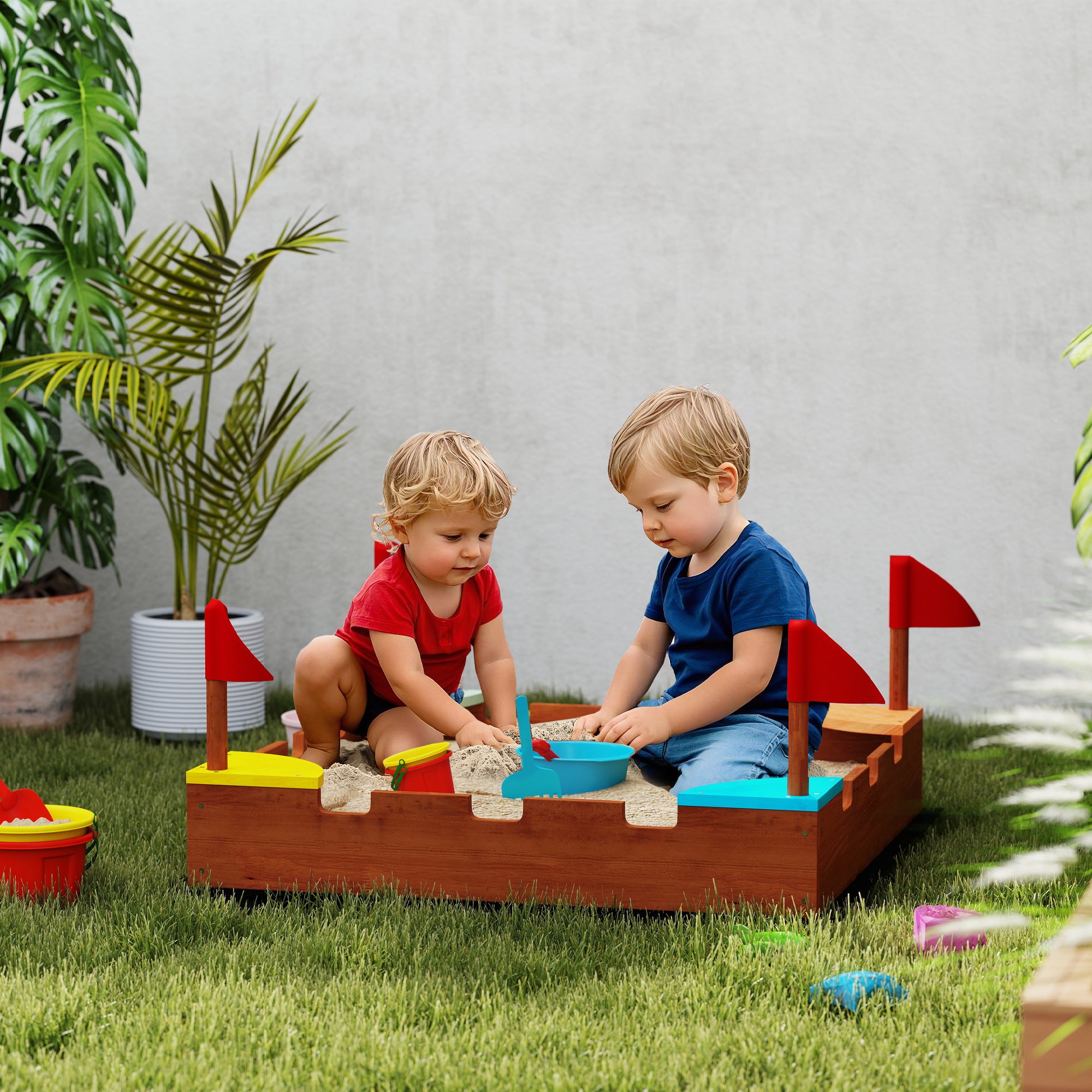 Qaba Kids Wooden Sandbox with Flags, 4 Colorful Built-in Corner Seating, Ground Liner, Gift for Ages 3-7, Wooden Brown