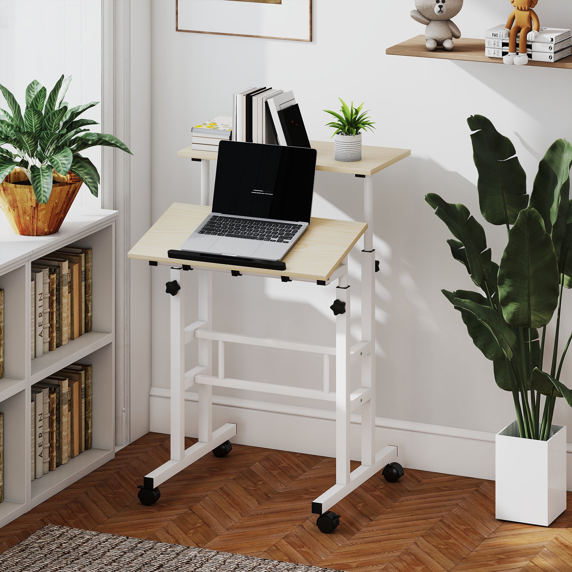 Stand Up Desk, Height & Angle Adjustable Computer Desk with Wheels for Standing or Sitting, Laptop Table, Natural