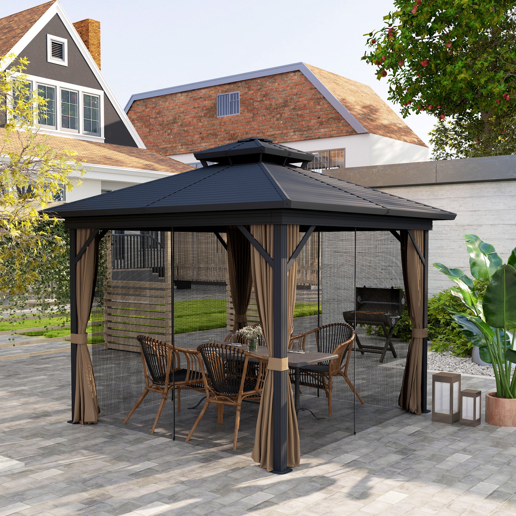 10' x 10' Hardtop Gazebo, Sun Shelter with Double Tier Metal Roof, Mosquito Netting, and Hanging Hook, Dark Brown