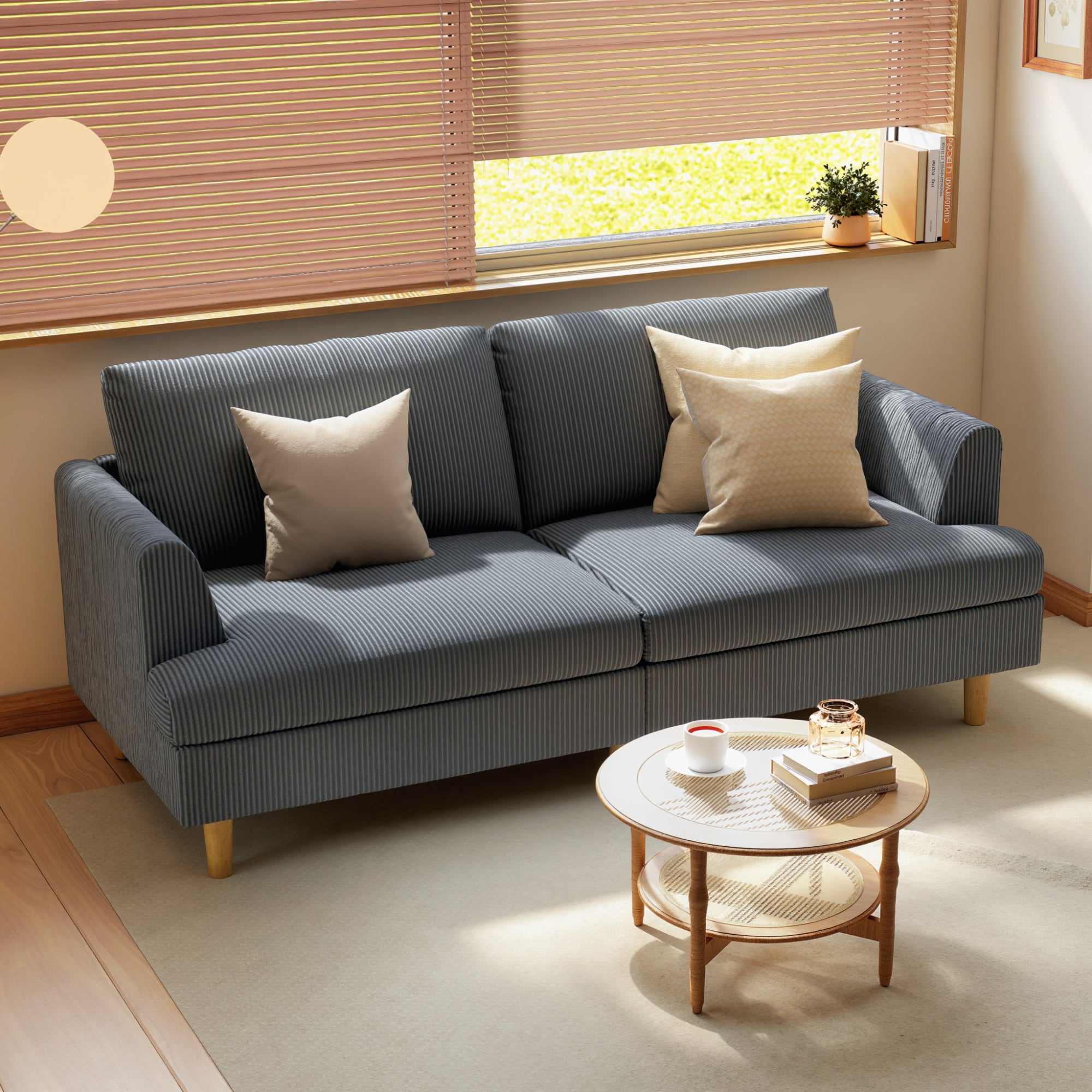 3 Seater Sofa, 74" Modern Corduroy Upholstered Couch with Thick Spring Cushions, Solid Wood Legs, Armrests, Dark Grey