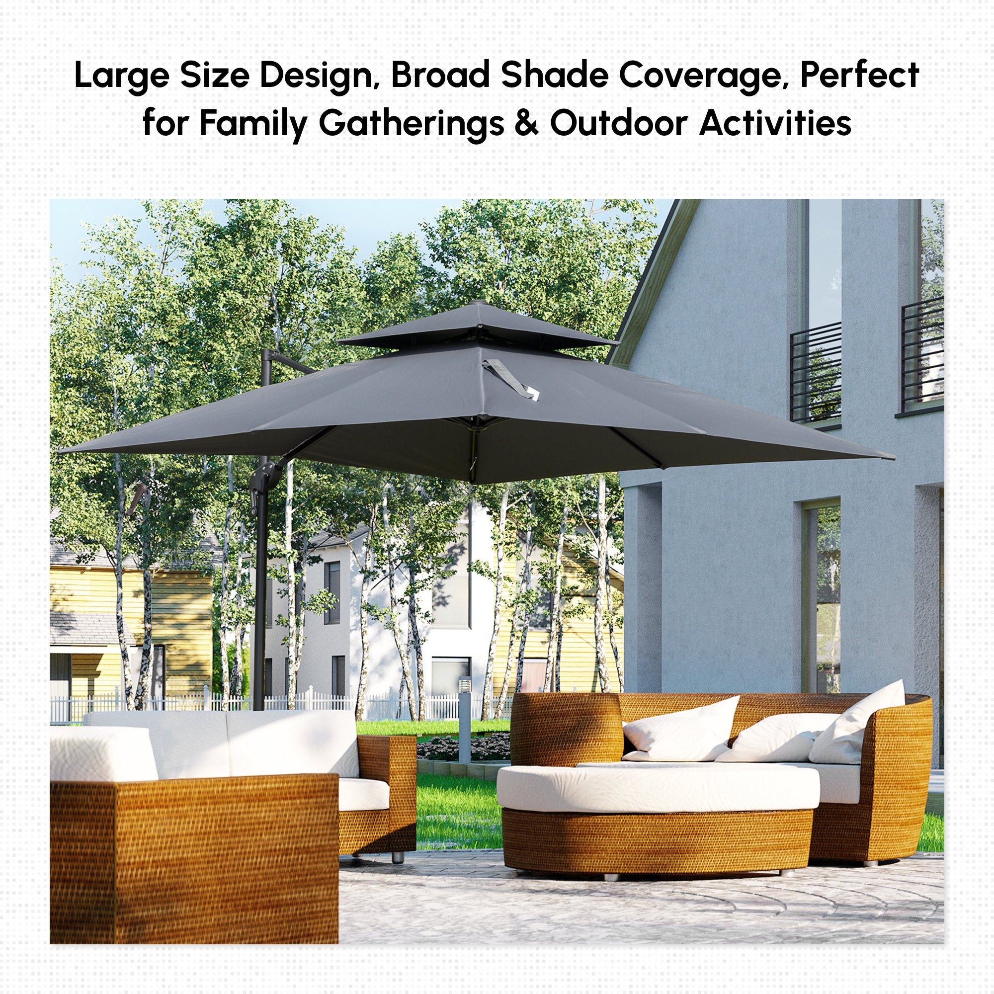 10' x 10' Cantilever Patio Umbrella, Double Top Square Offset Umbrella with 360° Rotation, 5 Adjustable Tilt Angles, Umbrella Cover, Aluminum Pole and Ribs, Charcoal Grey