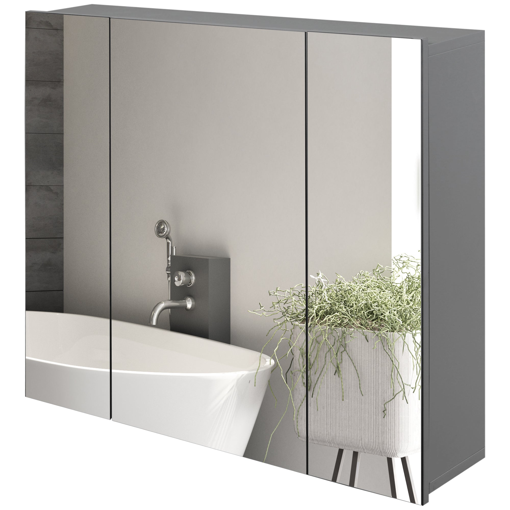 28" x 24" Wall Mounted Mirror Cabinet, Bathroom Medicine Cabinet with Mirror, 3 Doors and Adjustable Shelves, Grey