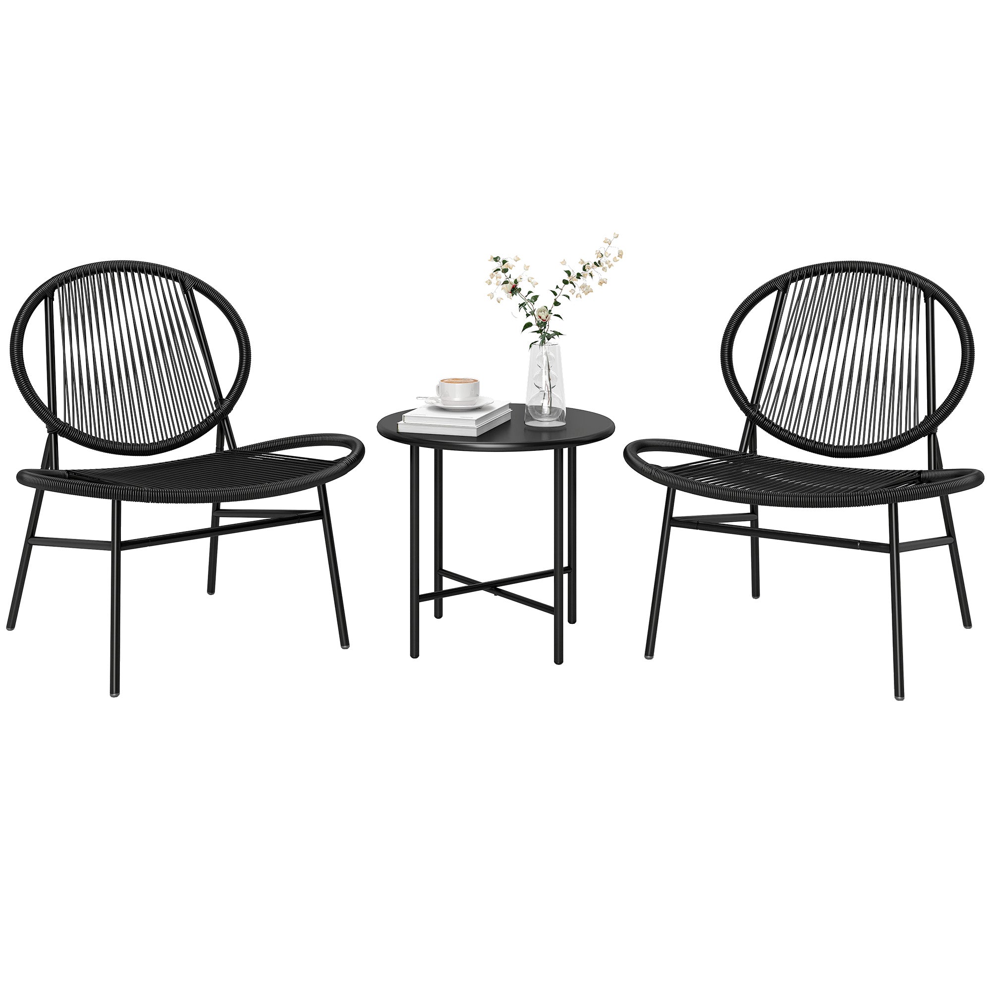Rattan Bistro Set, 3 Pieces Wicker Patio Furniture Set, Acapulco Chairs and Steel Table for Porch, Balcony, Black