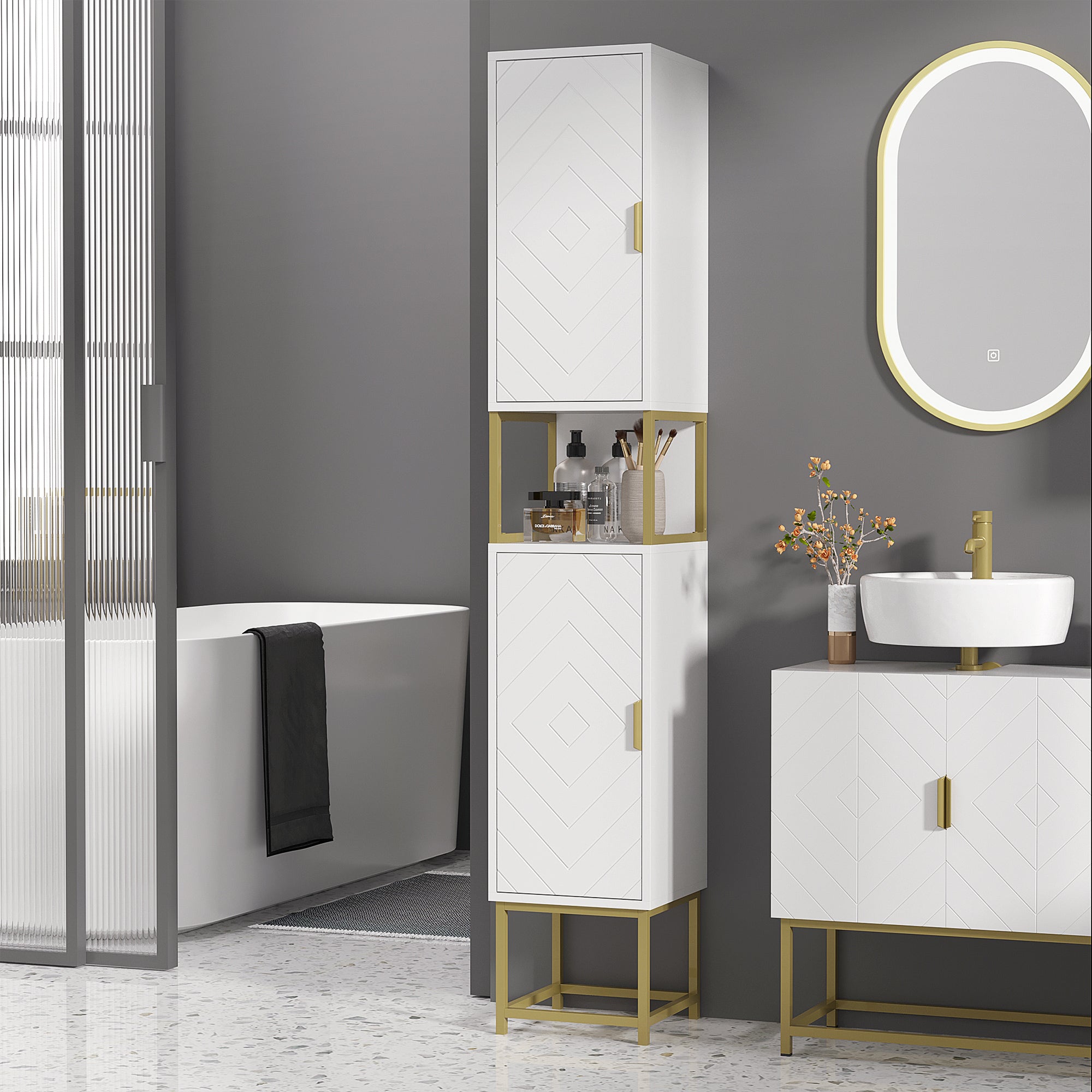 Tall Bathroom Storage Cabinet, Modern Narrow Bathroom Cabinet with Diamond Chevron Pattern and Adjustable Shelf, White