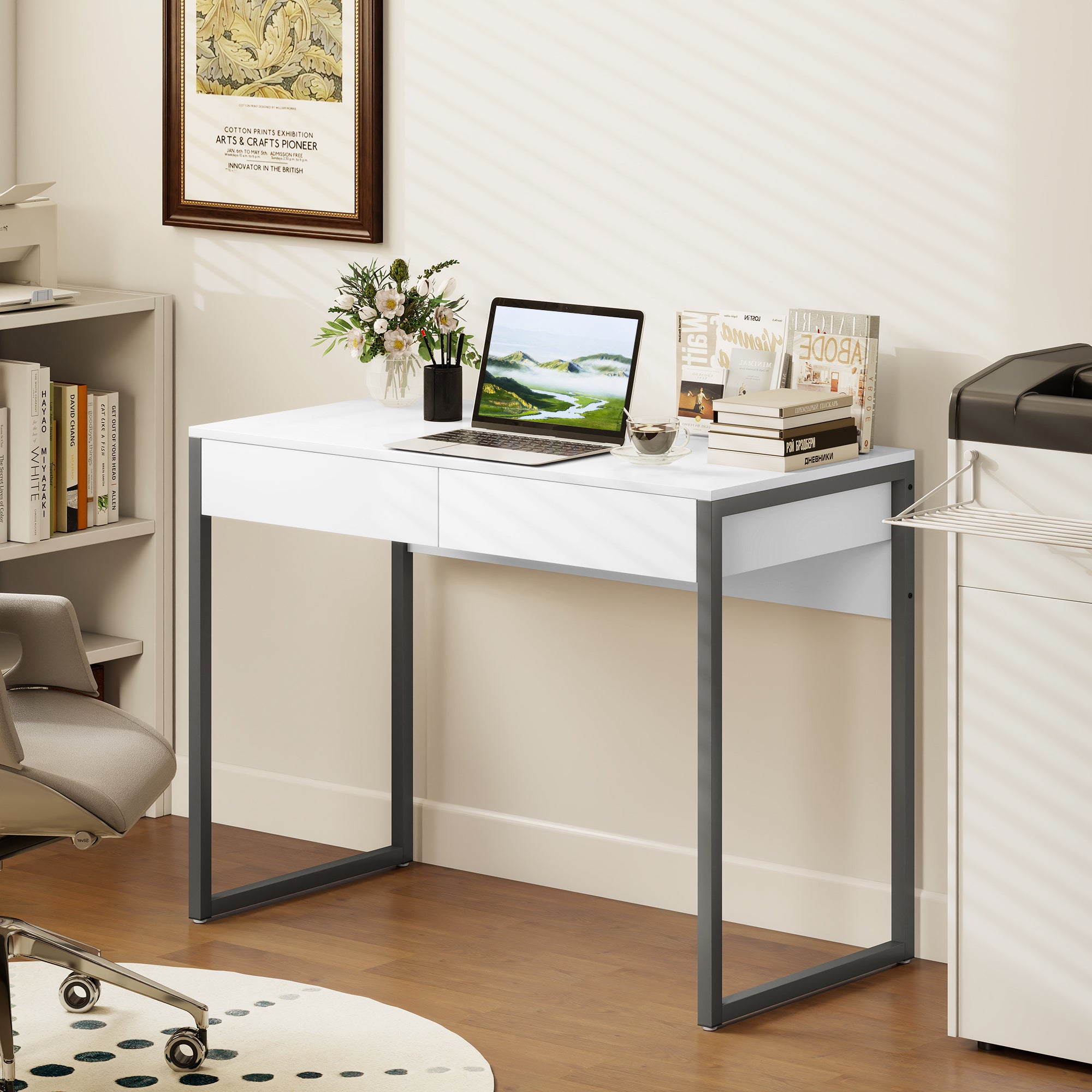 High Gloss Home Office Desk, 39" x 20" Computer Desk with 2 Drawers for Small Spaces, White and Grey