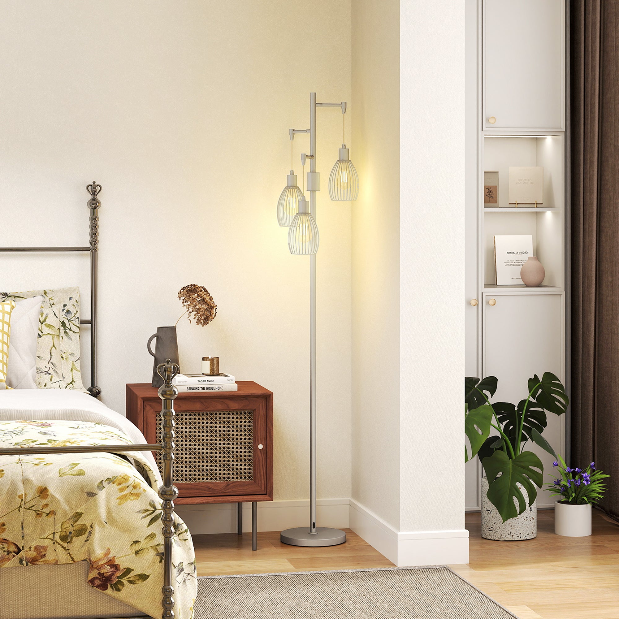 Industrial Floor Lamp with 3 Hanging Wire Lampshades, Dimmable Standing Lamp for Living Room, Silver