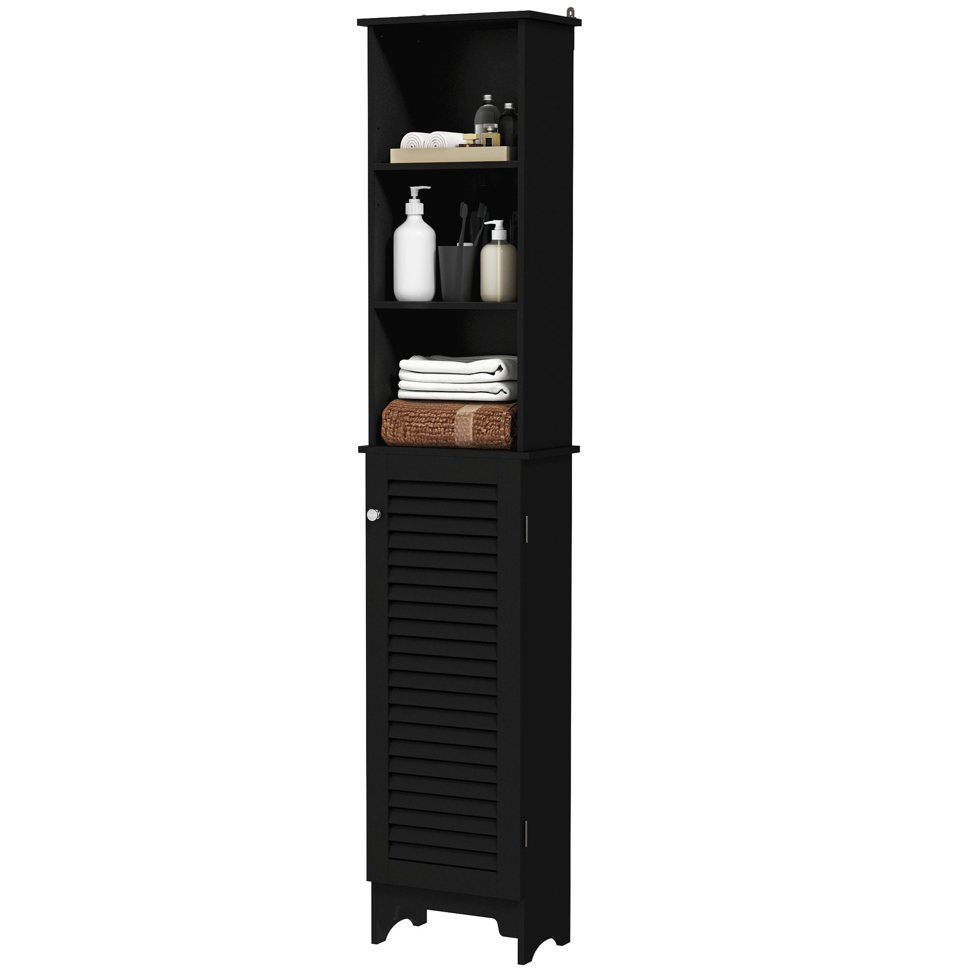 Tall Bathroom Storage Cabinet, Freestanding Linen Tower with 3-Tier Open Adjustable Shelf, Black