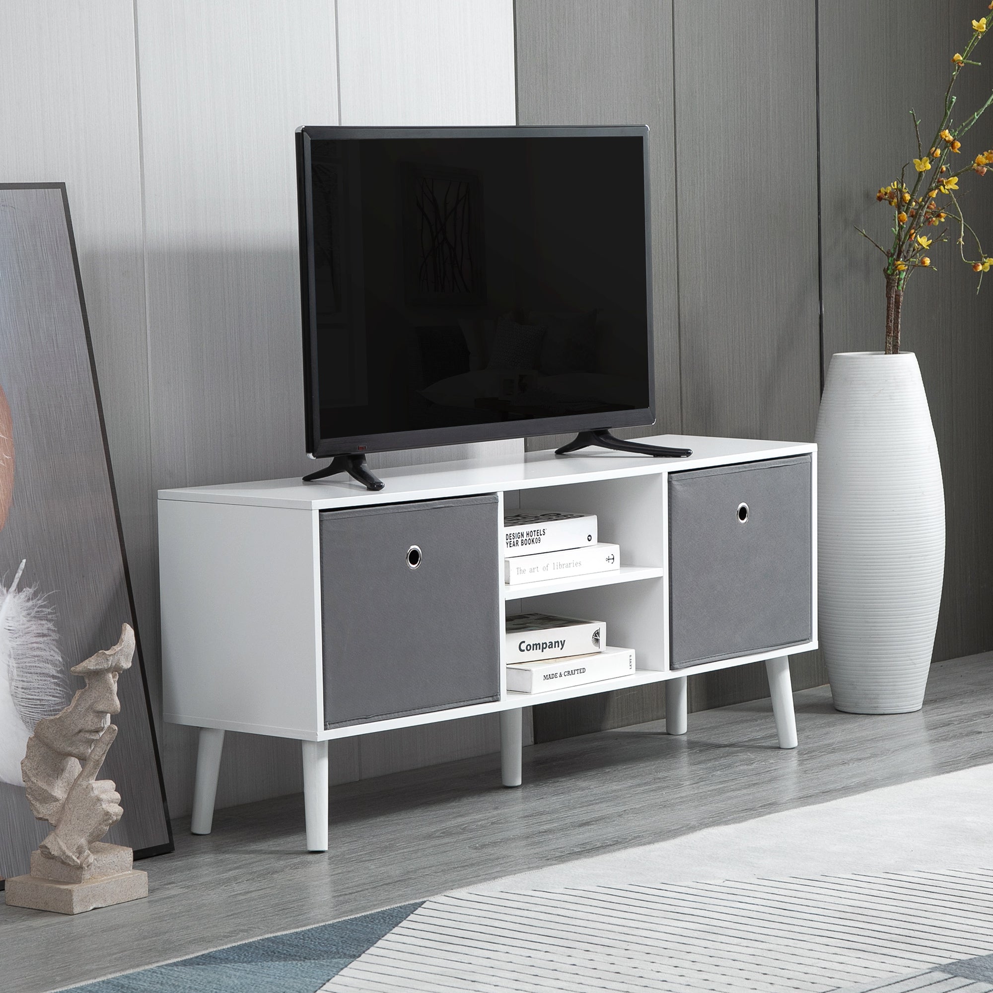 Modern TV Stand Cabinet with Foldable Drawers and Shelves for Living Room, Bedroom, White