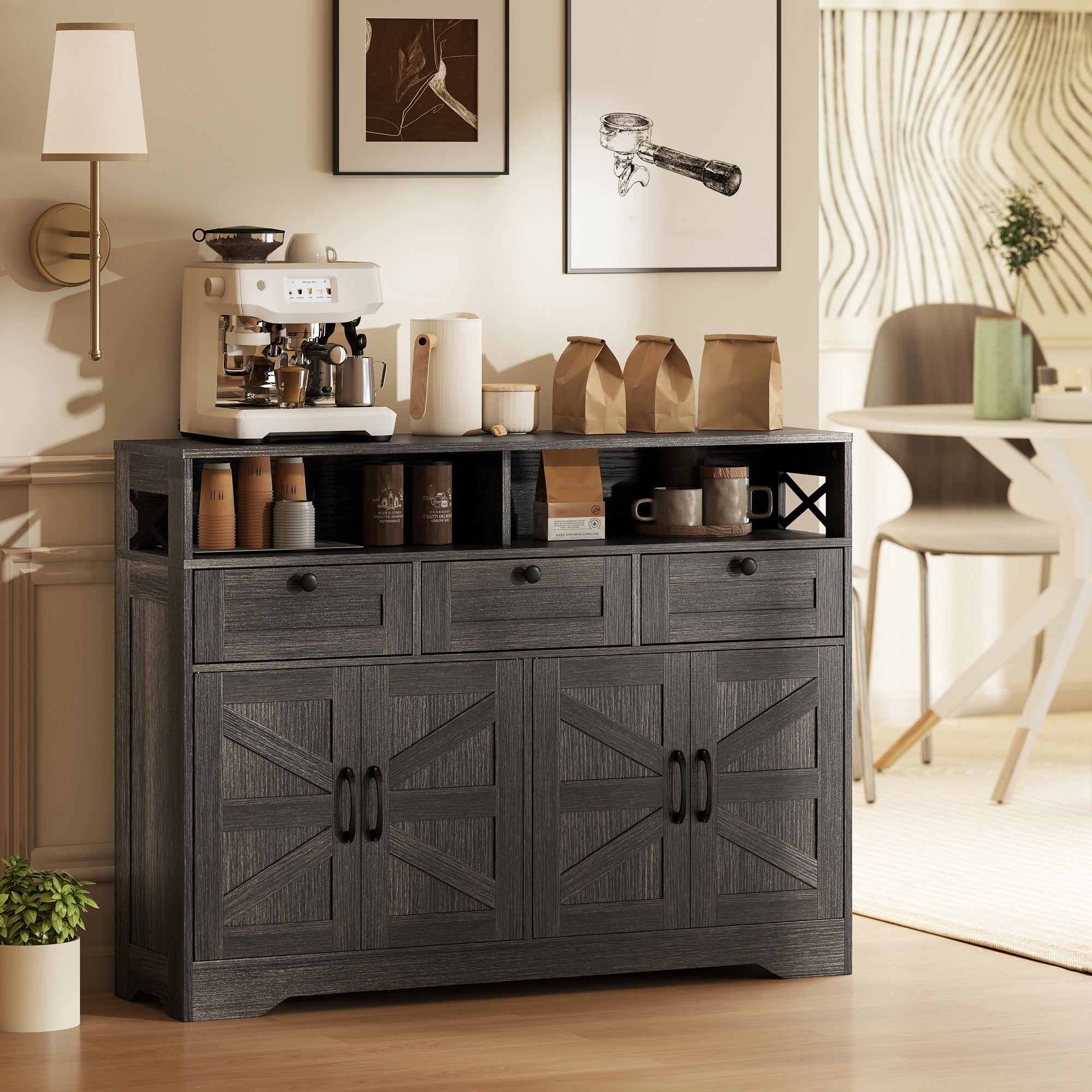Sideboard, Buffet Cabinet with 4 Barn Doors and 3 Drawers, Coffee Bar Cabinet with Adjustable Shelves, Dark Brown