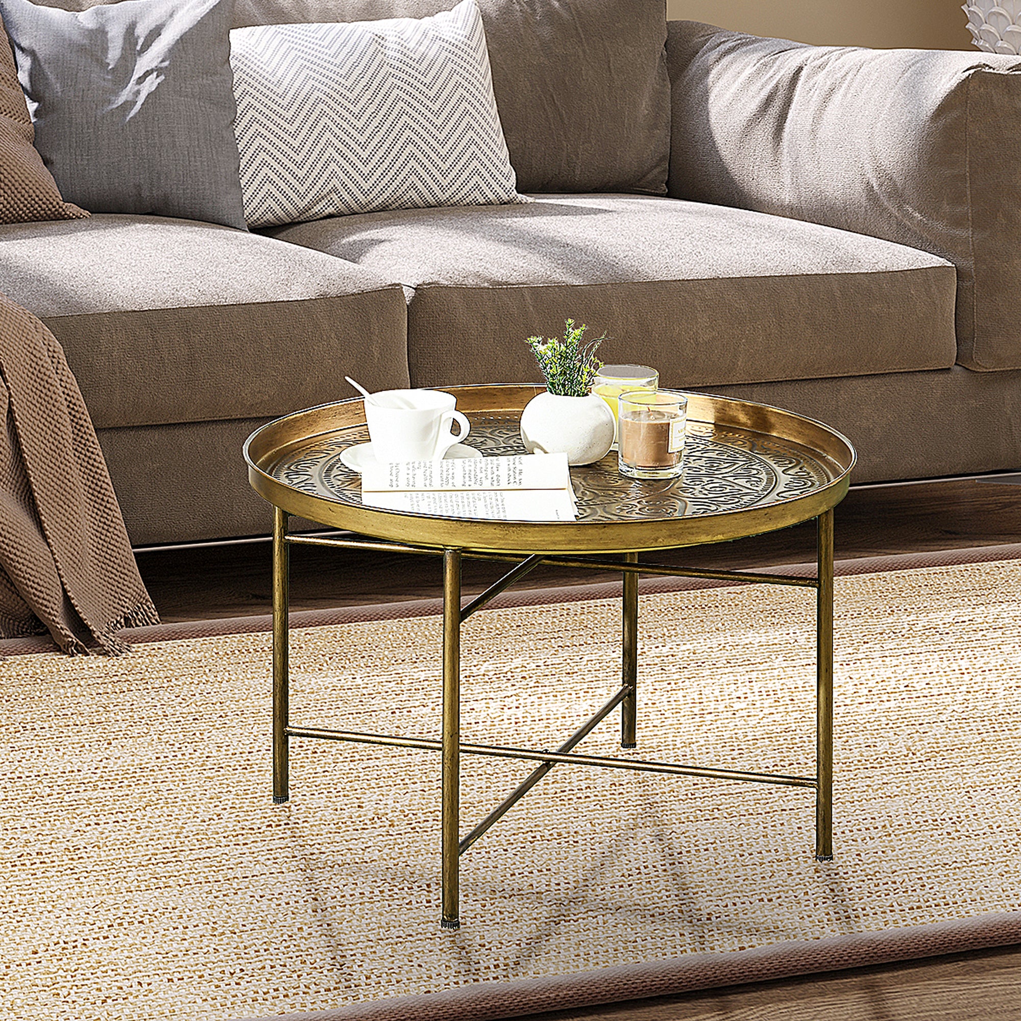Vintage Coffee Table for Living Room, 24" Round Center Table with Hammered Tray Top and Metal Frame, Gold