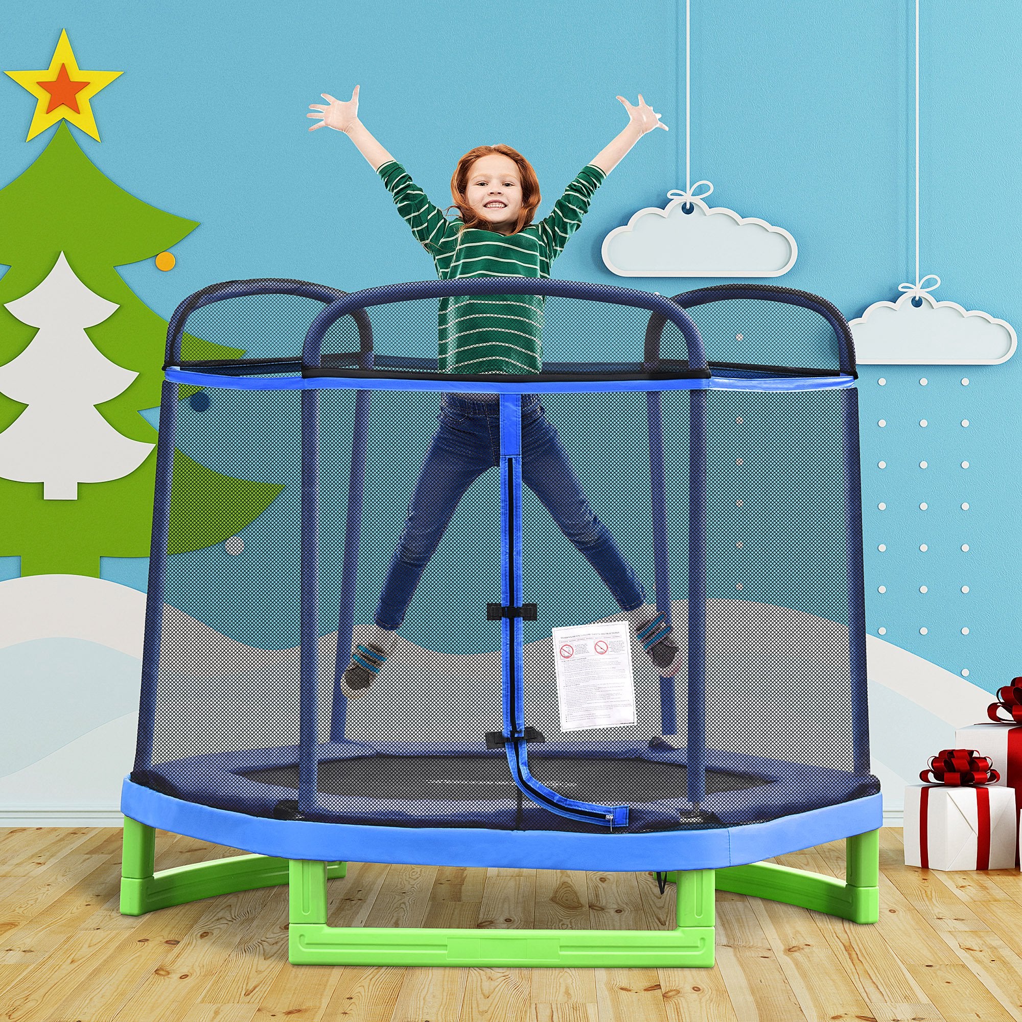 84.75" Kids Trampoline 7 FT Indoor Outdoor Trampolines with Safety Net Enclosure Built-in Zipper Padded Covering, for Boys and Girls, Blue