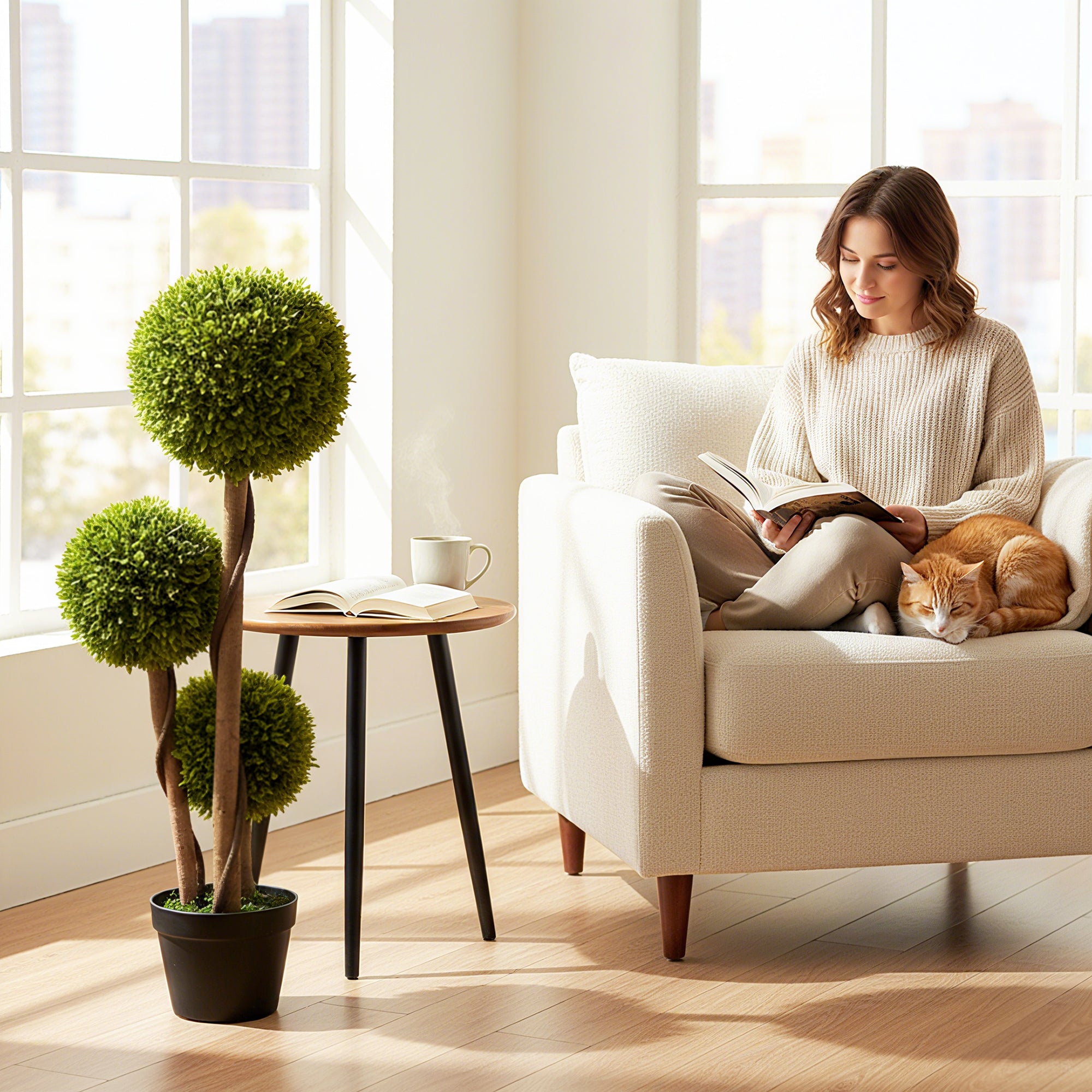 35 Inch 2 Pack Potted Fake Plant, Artificial Boxwood Topiary Trees, Triple Ball Tree for Indoor and Outdoor, Light Green