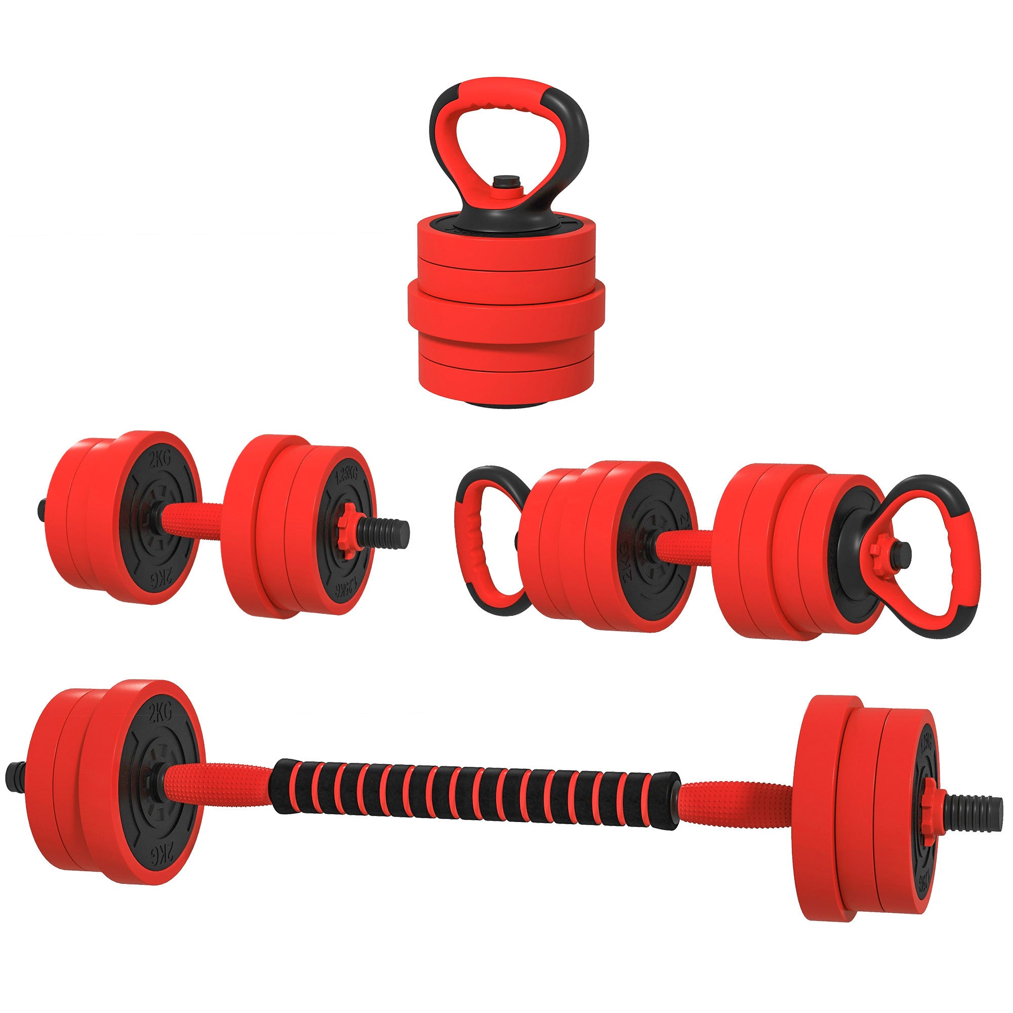 Soozier 44lbs 4-in-1 Adjustable Weight Dumbbell Set, Barbell, Kettlebell, Push Up Stand, Red