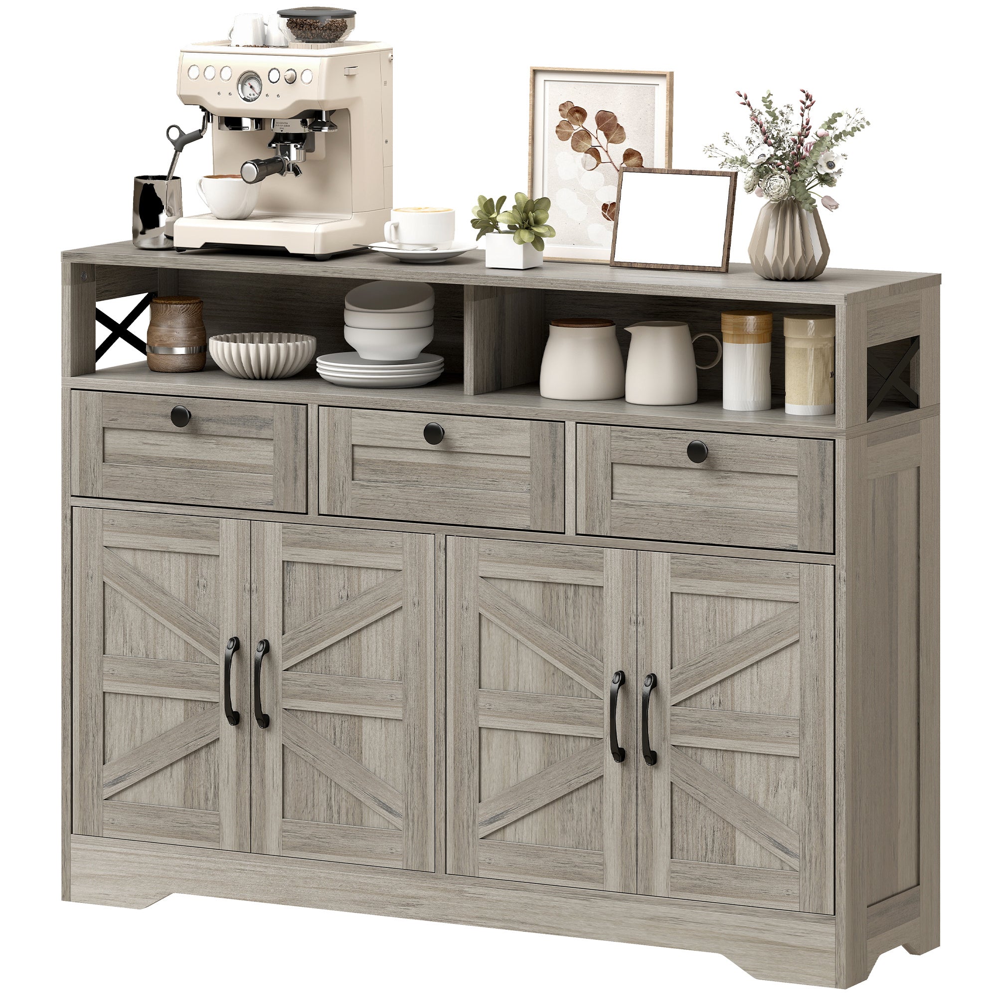 Sideboard, Buffet Cabinet with 4 Barn Doors and 3 Drawers, Coffee Bar Cabinet with Adjustable Shelves, Grey