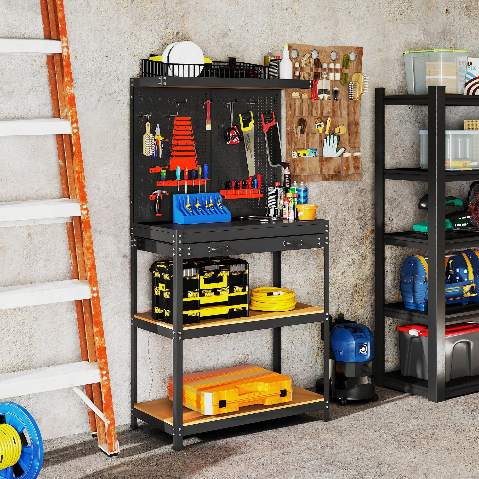 Work Bench with Pegboard, 31.5" Heavy Duty Metal Workbench with Hanging Kits, 2 Lower Shelves and Large Drawer, Black