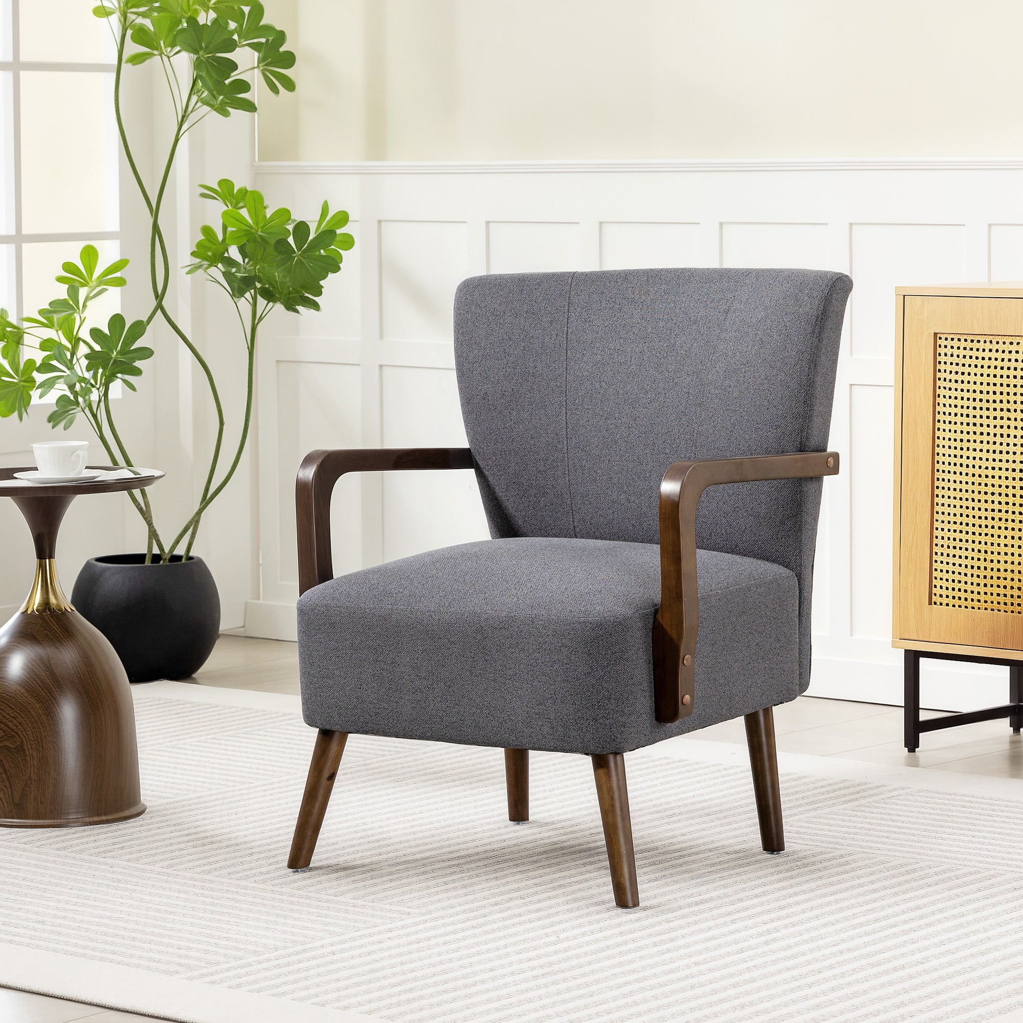 Accent Chair with Wooden Legs, Linen Fabric Armchair with Thick Padding, Comfy Chair for Living Room, Dark Grey