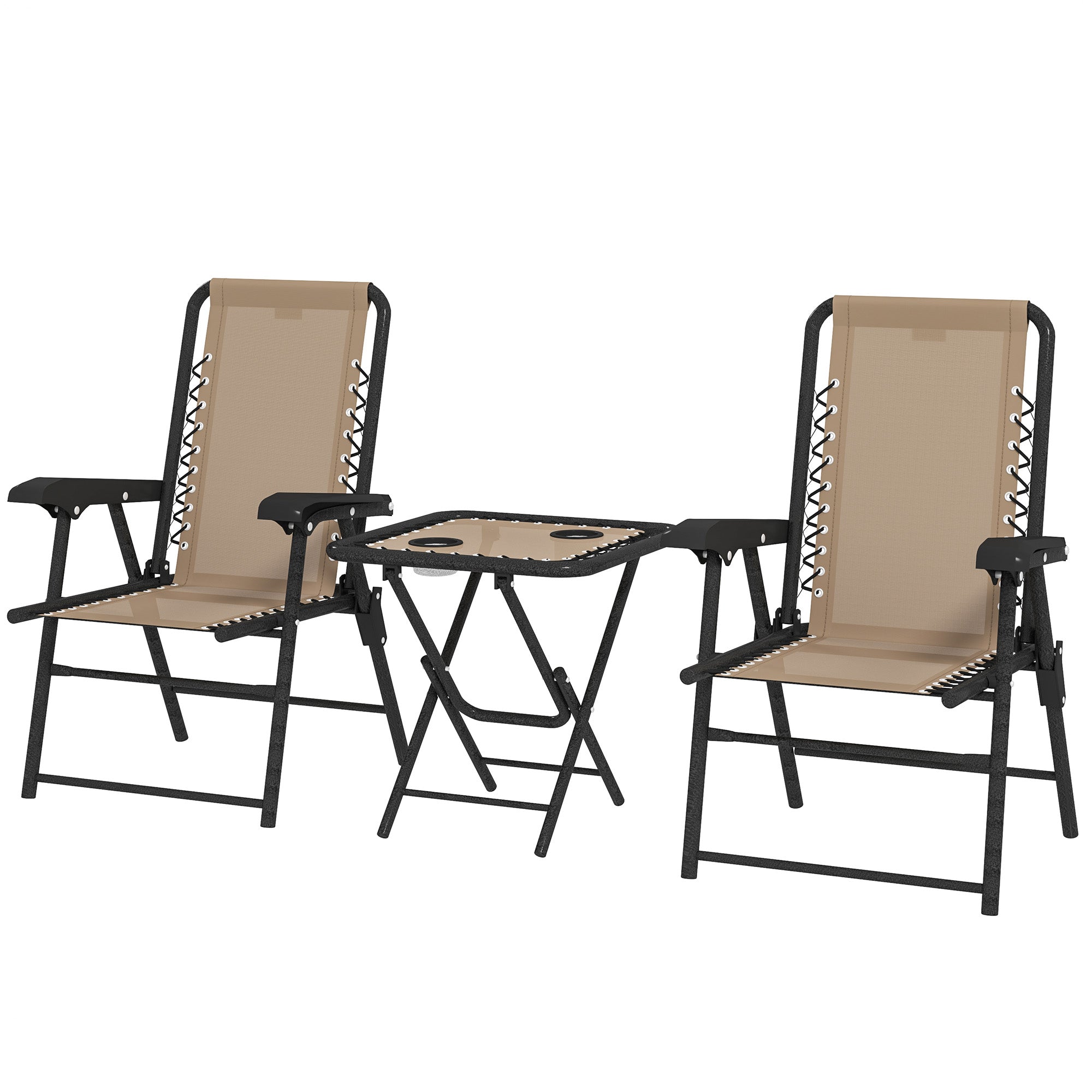3 Pieces Patio Bistro Set, Outdoor Folding Table and Chairs Set, Metal Patio Furniture Set with Cup Holders, Khaki