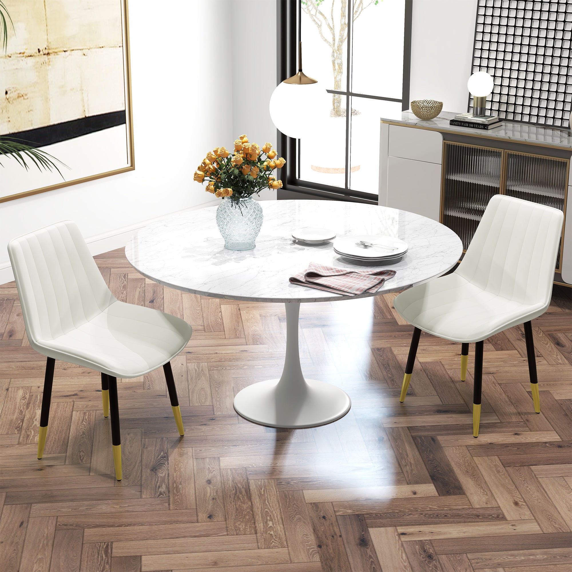 Dining Chairs Set of 2, Modern Kitchen Chair with PU Leather Upholstery and Steel Legs for Living Room, Bedroom, Cream