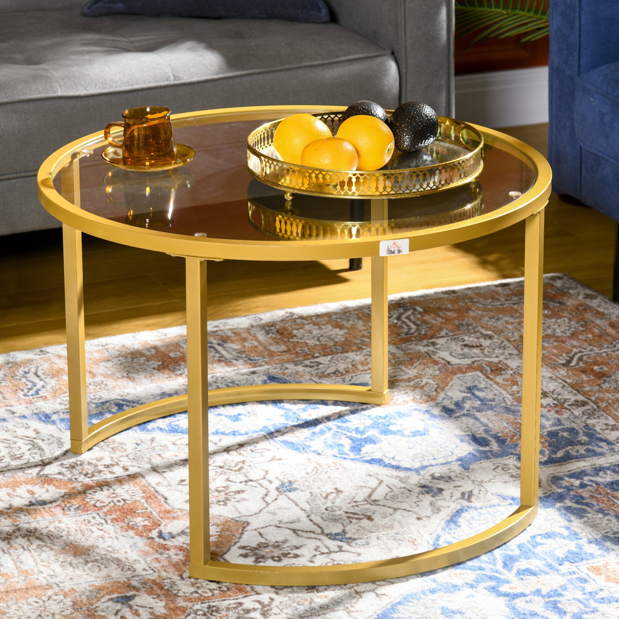 Round Coffee Table Set of 2, Modern Nesting Tables with Tempered Glass Top and Steel Frame for Living Room, Gold