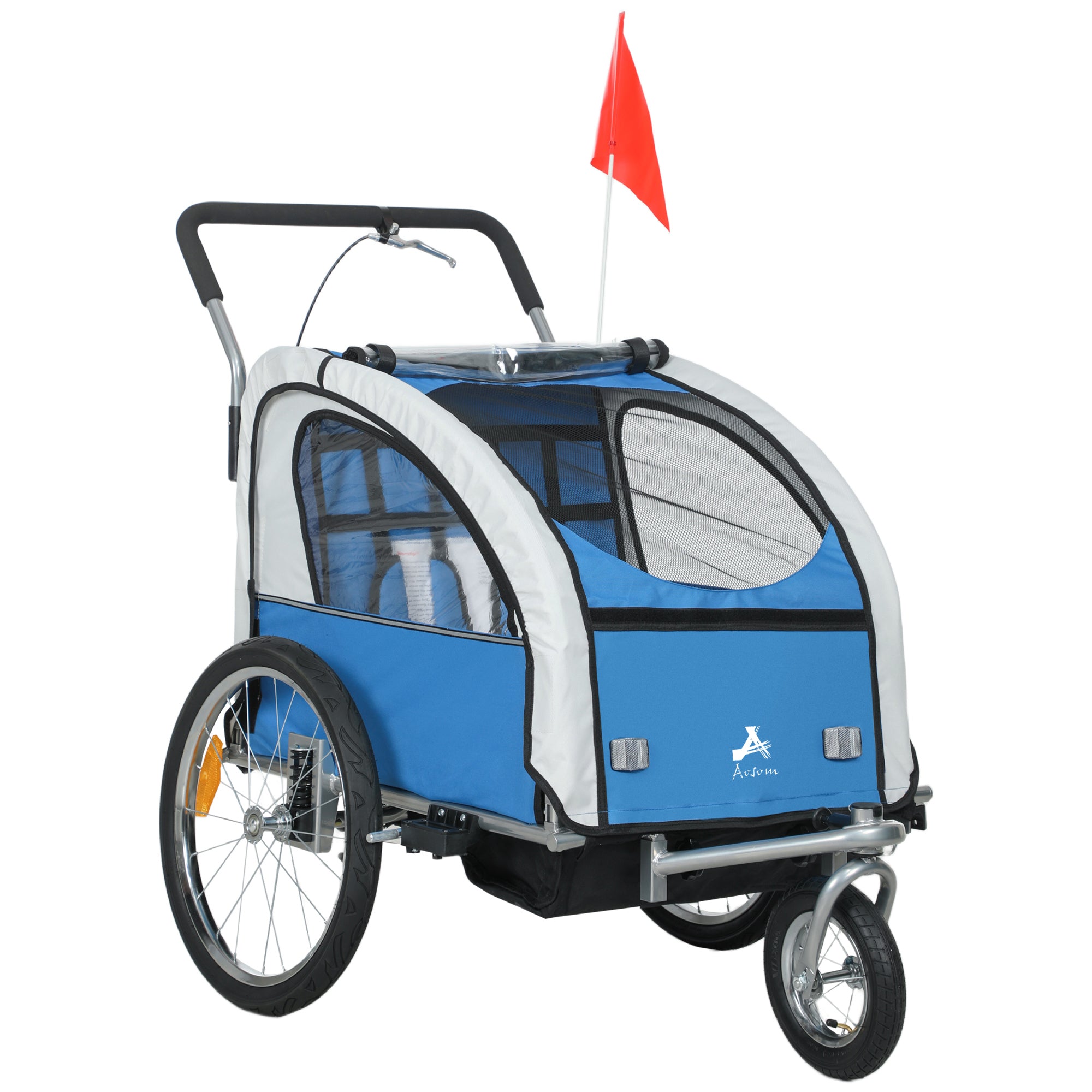 Aosom 2-in-1 Bike Trailer for Kids, Foldable 2-Seat Baby Stroller with 5-Point Harness, Rubber Wheels, Storage Bag, Blue