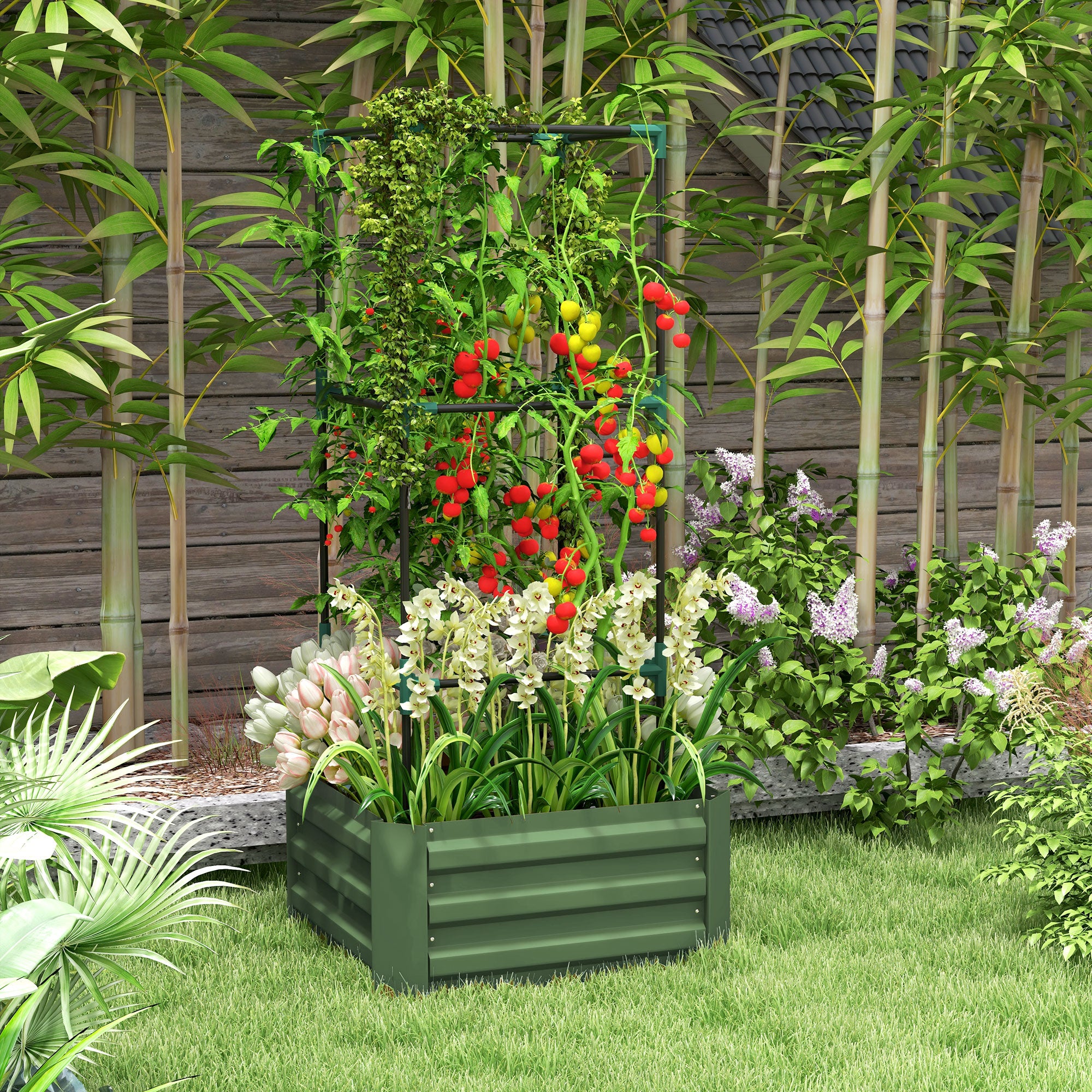 Galvanized Planter Box, Outdoor Raised Garden Bed with 3-Tier Trellis Tomato Cage for Climbing Vines, Vegetables, Green