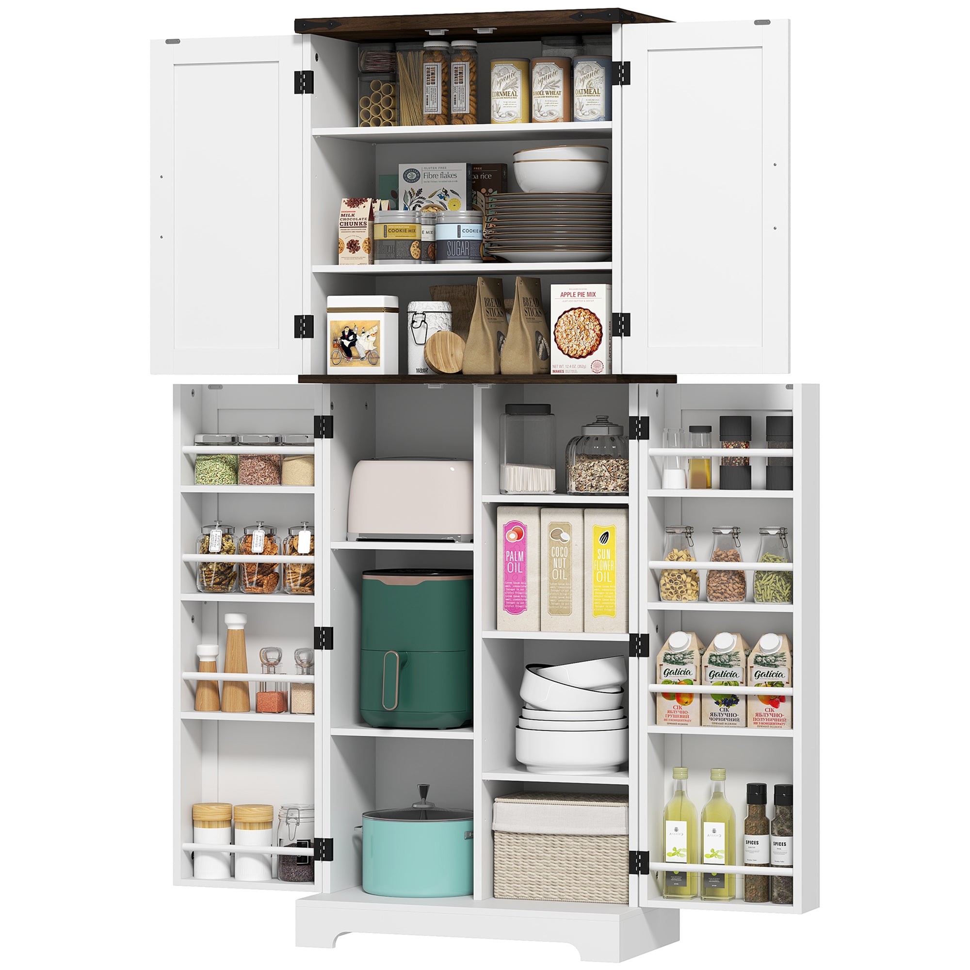 64" Tall Kitchen Pantry Cabinet with Spice Racks and Adjustable Shelves, White