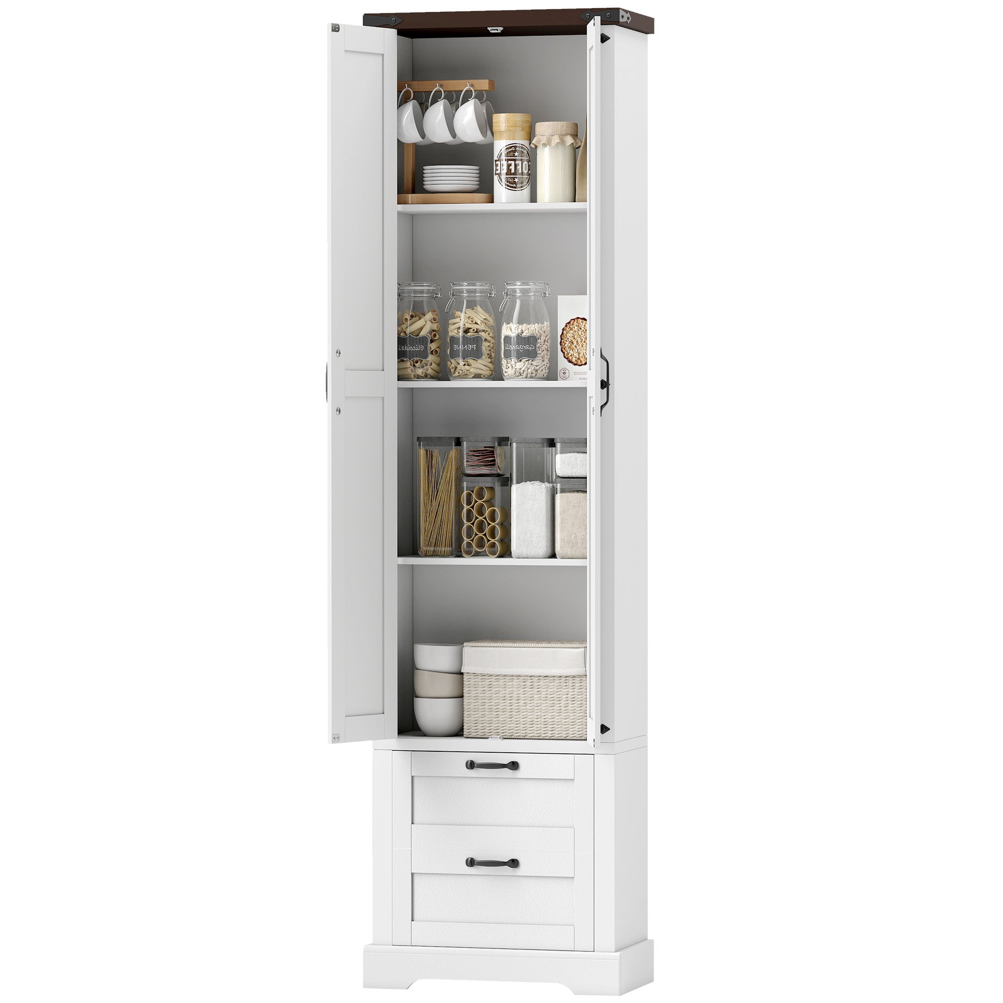 71" Tall Kitchen Pantry Cabinet, Farmhouse Kitchen Storage Cabinet with 2 Drawer and Adjustable Shelves, White