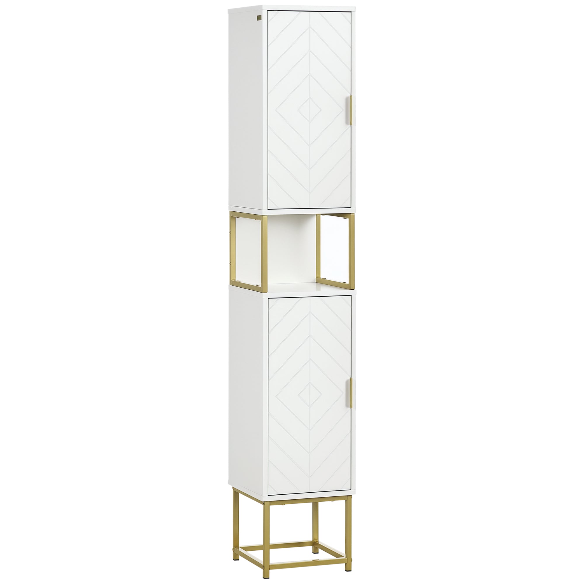 Tall Bathroom Storage Cabinet, Modern Narrow Bathroom Cabinet with Diamond Chevron Pattern and Adjustable Shelf, White