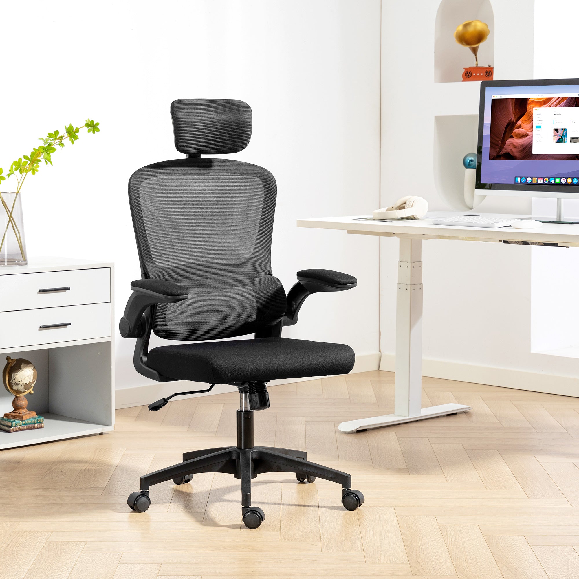 Ergonomic Mesh Office Chair, High Back Desk Chair with Rotatable Headrest, Flip-Up Armrests, Lumbar Support, Black