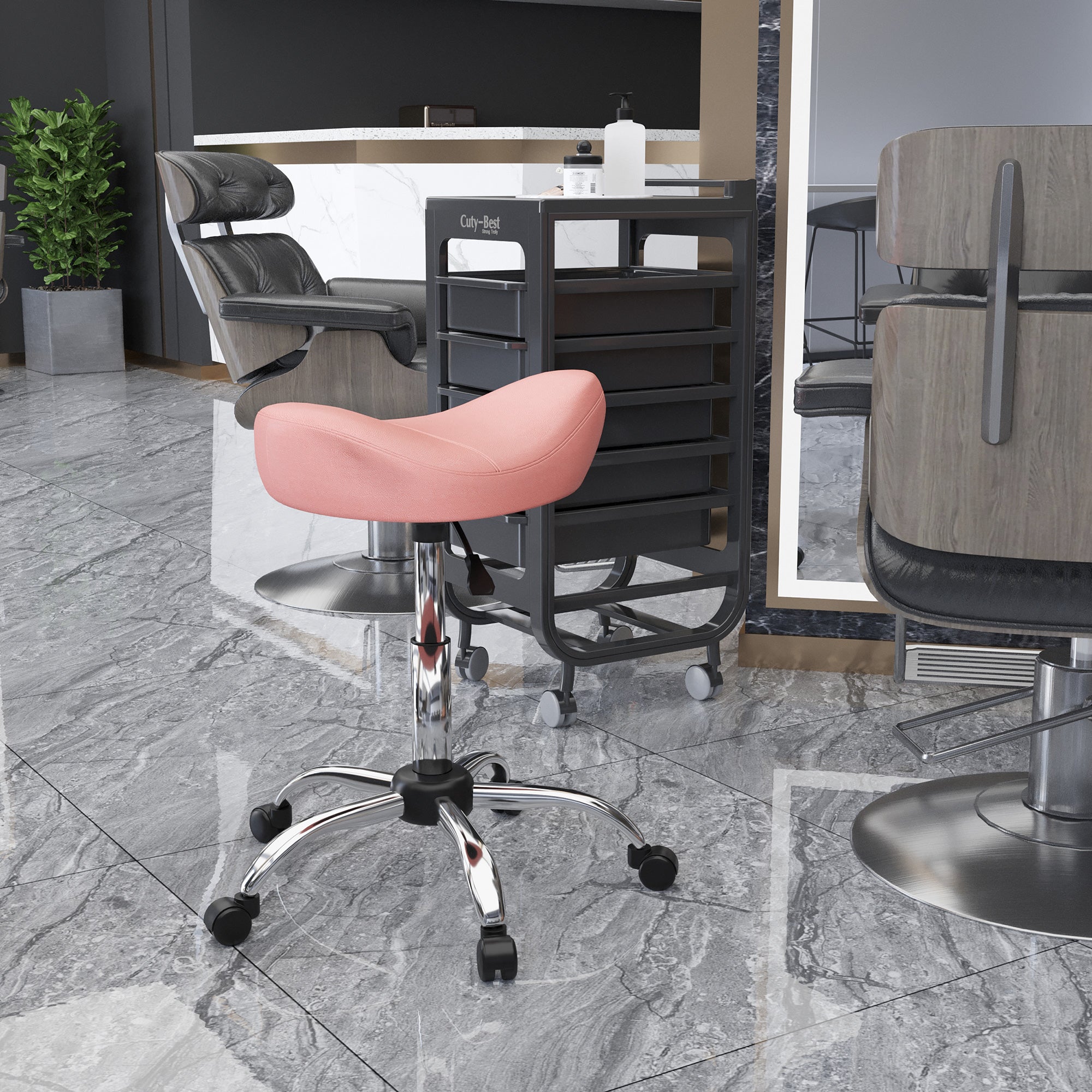 Saddle Stool, Height Adjustable Rolling Salon Chair with PU Leather for Massage, Spa, Clinic, Beauty and Tattoo, Pink