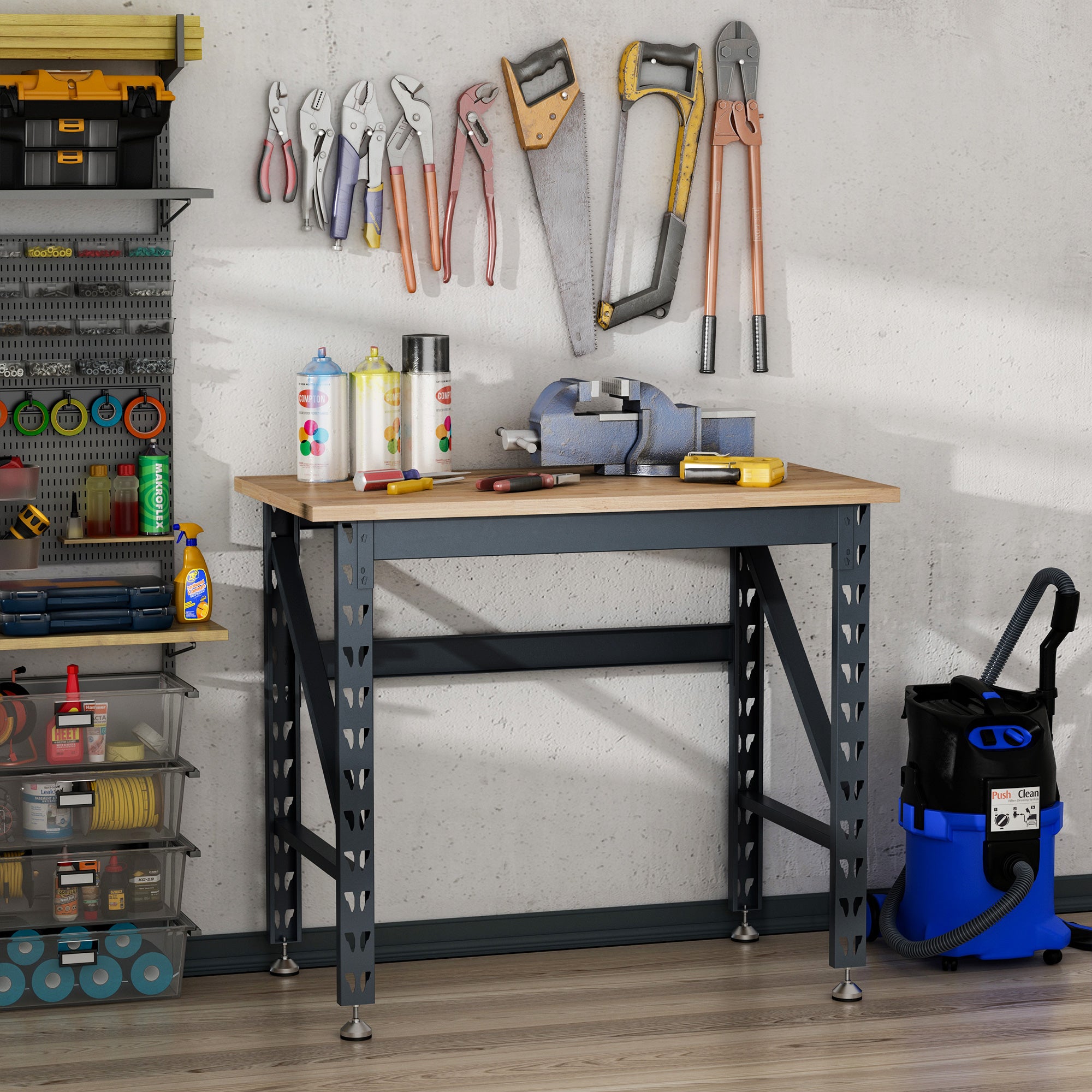 45" Workbench, Solid Wood Tabletop Workstation, Work Table with Four Adjustable Foot Pads, Weight Capacity 1100 Lbs