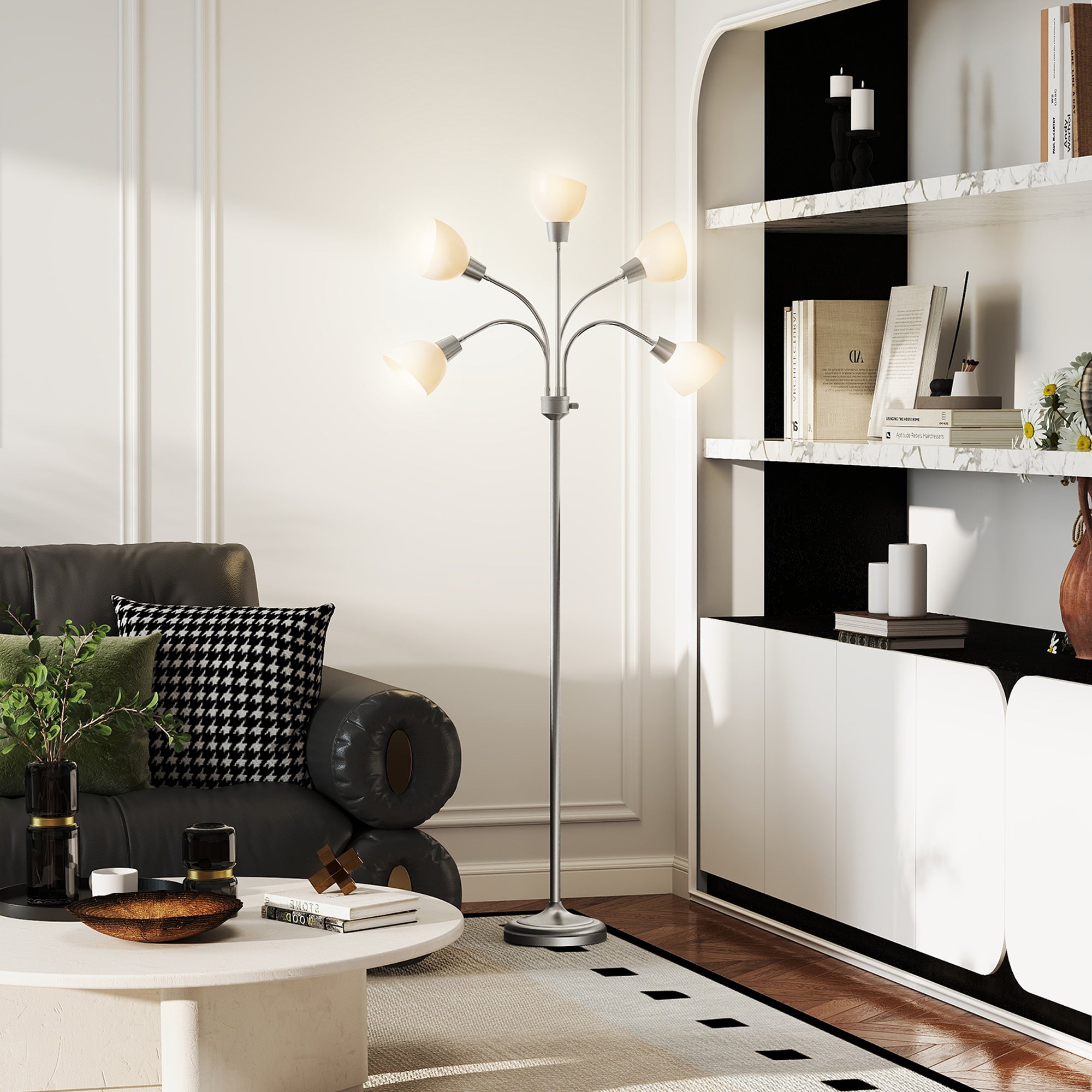 Arc Tree Floor Lamp with 5 Adjustable Rotating Lights, Modern Standing Gooseneck Reading Light for Living Room Bedroom Office, Satin Nickel